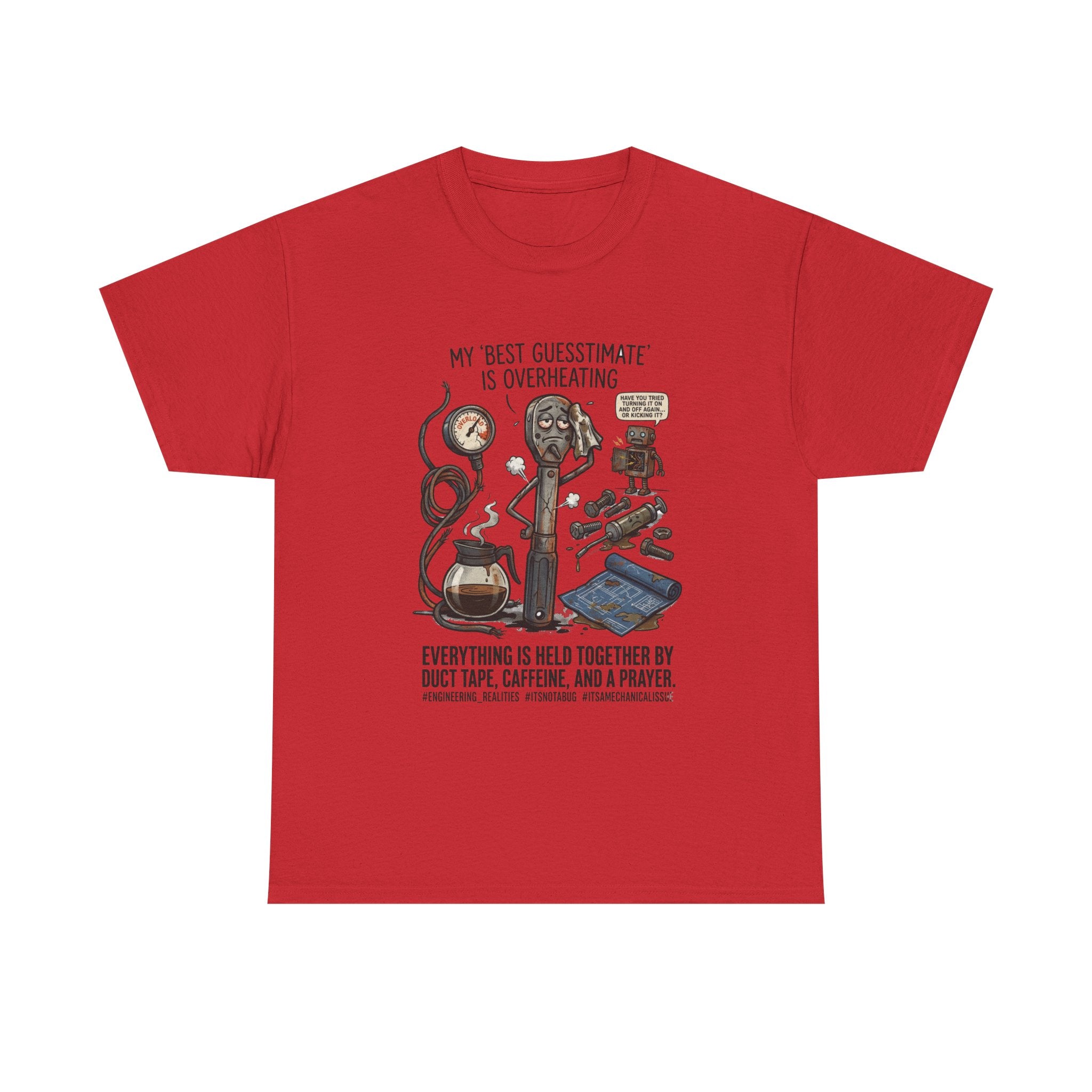 Mechanic Humor T-Shirt - "My Best Guessmate Is Overheating" Vintage Tools, Duct Tape & Caffeine Tee