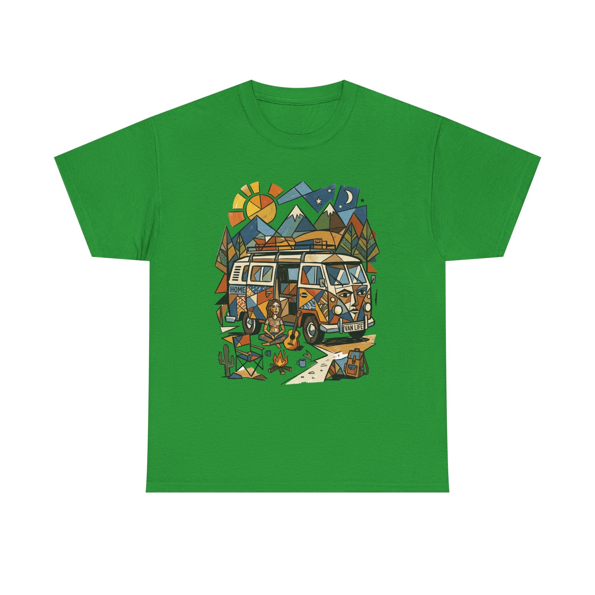 Adventure Van Camping T-Shirt — Retro Camper Van, Mountains & Campfire Graphic Tee