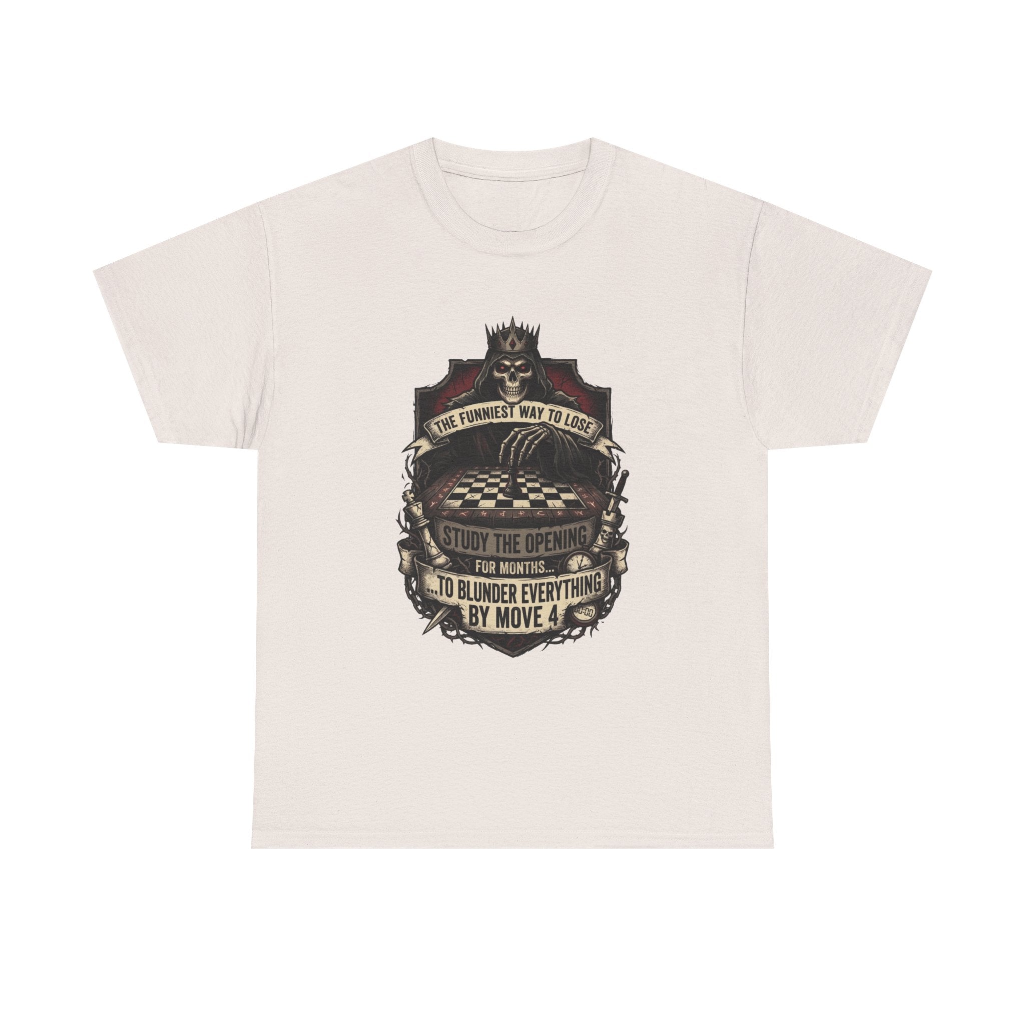 Chess Lover T-Shirt — "Study the Opening... Blunder Everything by Move 4" Vintage Chess Tee