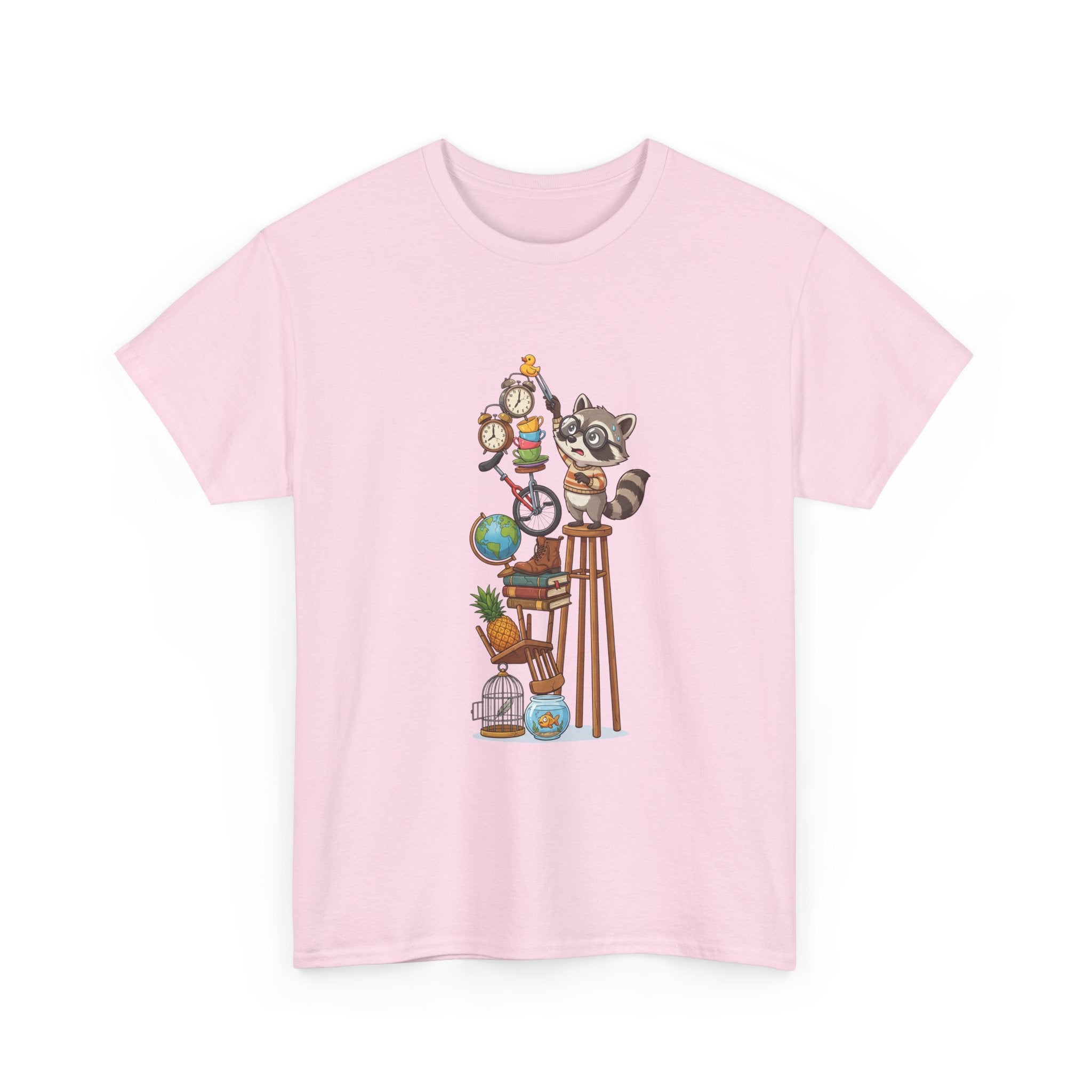 Raccoon & Curiosity Shelf T‑Shirt — Cute Scientist Animal Stack Graphic Tee