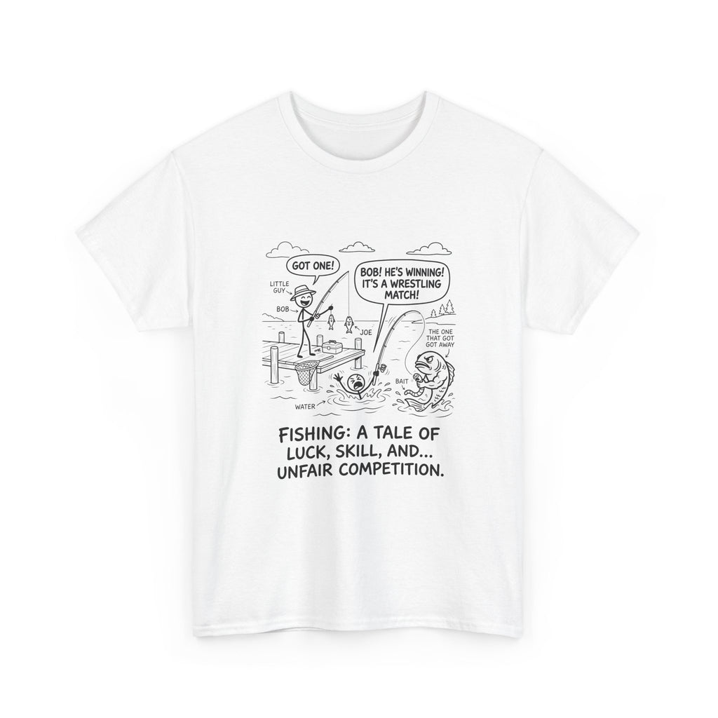 Fishing Cartoon T-Shirt — “Fishing: A Tale of Luck, Skill, and... Unfair Competition”