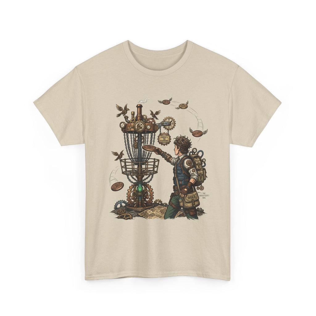 Disc Golf Adventure T‑Shirt — Steampunk Player & Birdie Basket Graphic Tee
