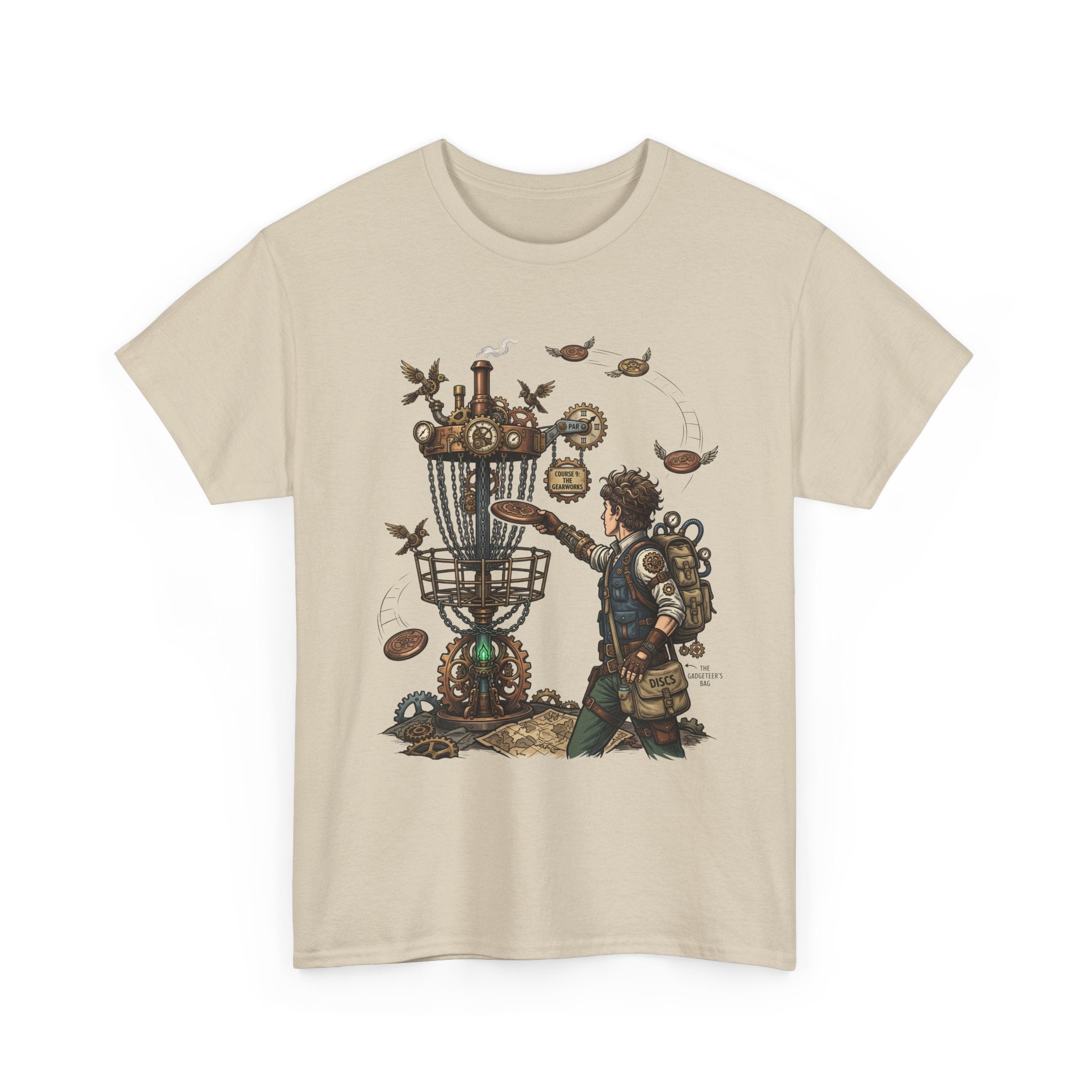 Disc Golf Adventure T‑Shirt — Steampunk Player & Birdie Basket Graphic Tee