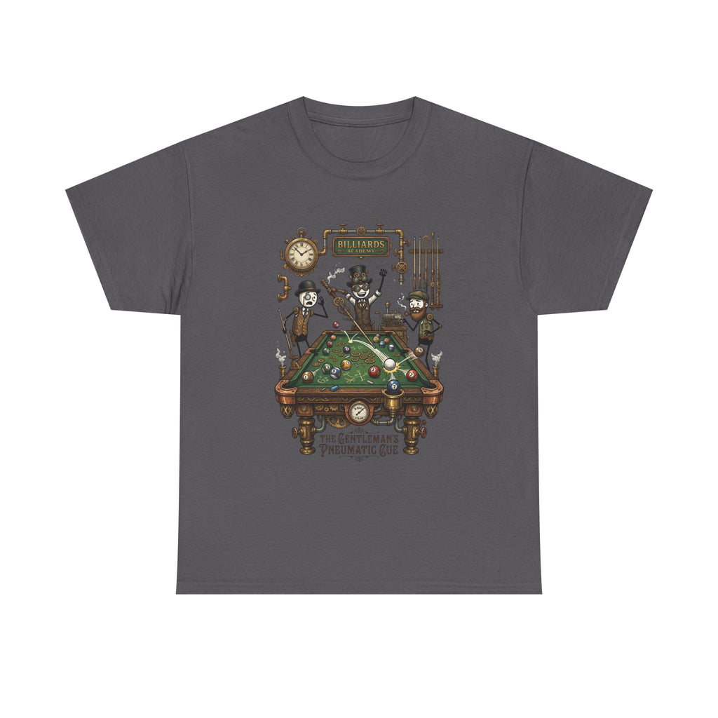 Steampunk Billiards Tee – 'The Gentleman's Pneumatic Cue' Pool Table Graphic Shirt