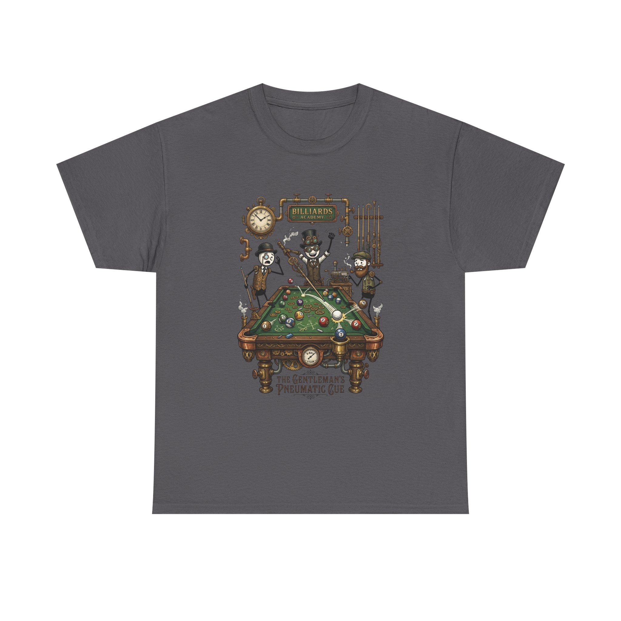 Steampunk Billiards Tee – 'The Gentleman's Pneumatic Cue' Pool Table Graphic Shirt