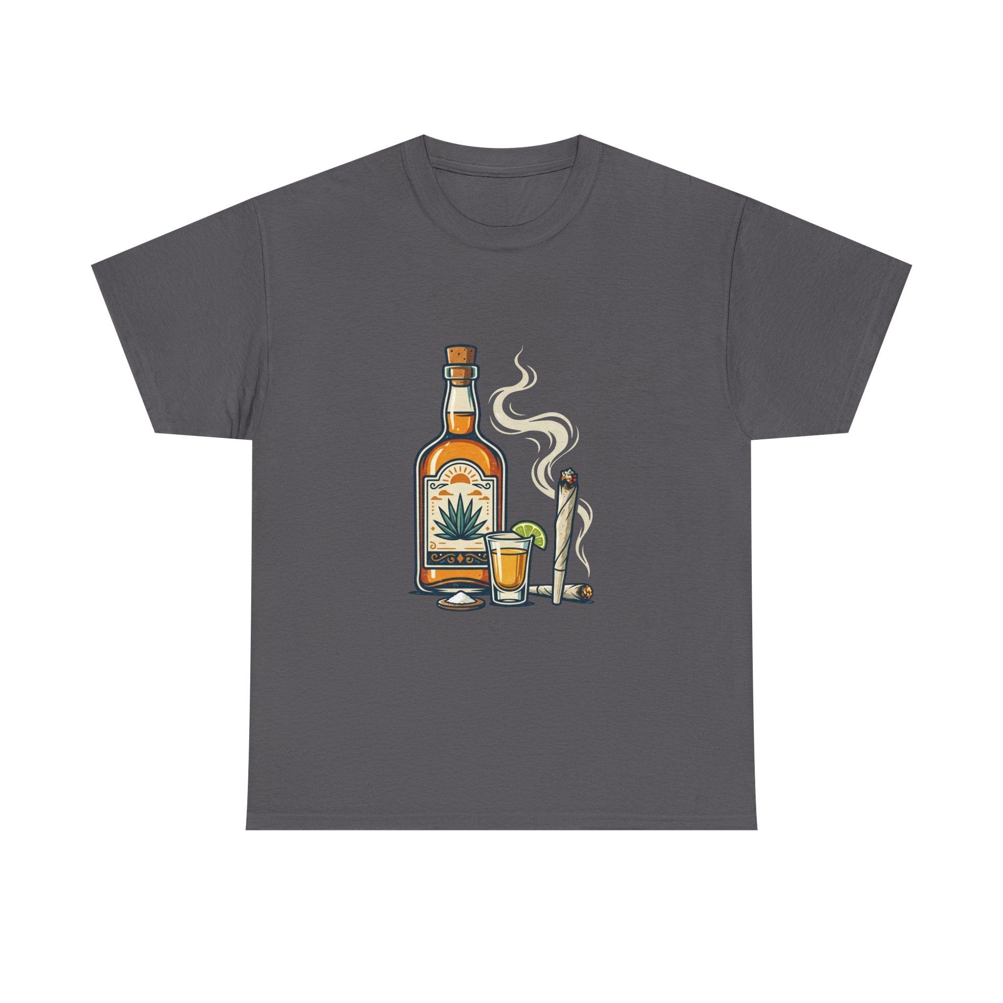 Tequila & Joint T-Shirt — Mexican Agave Bottle with Shot Glass and Joint Graphic