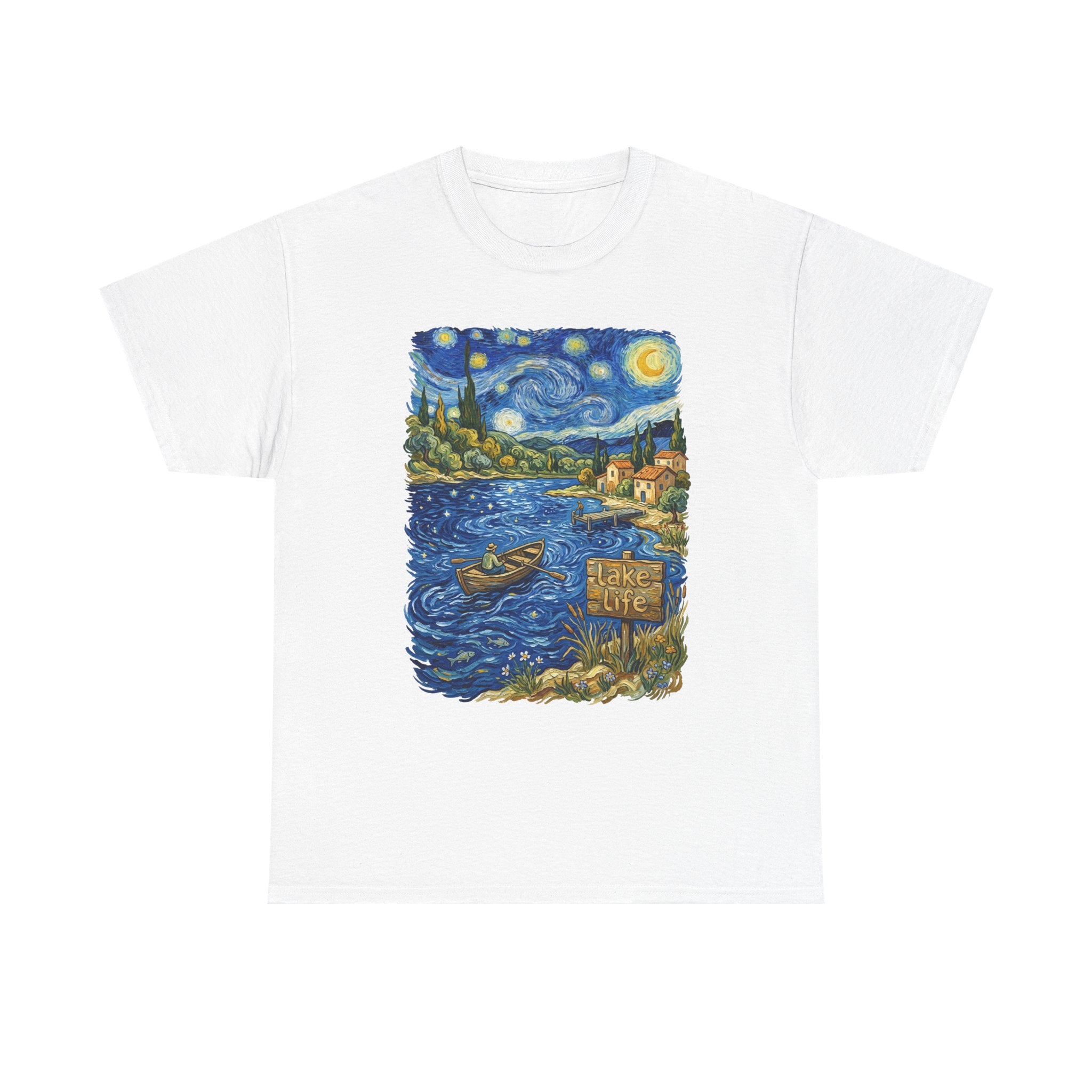 T-Shirt — Van Gogh Night Lake Art Tee (Boat on Starry Night)