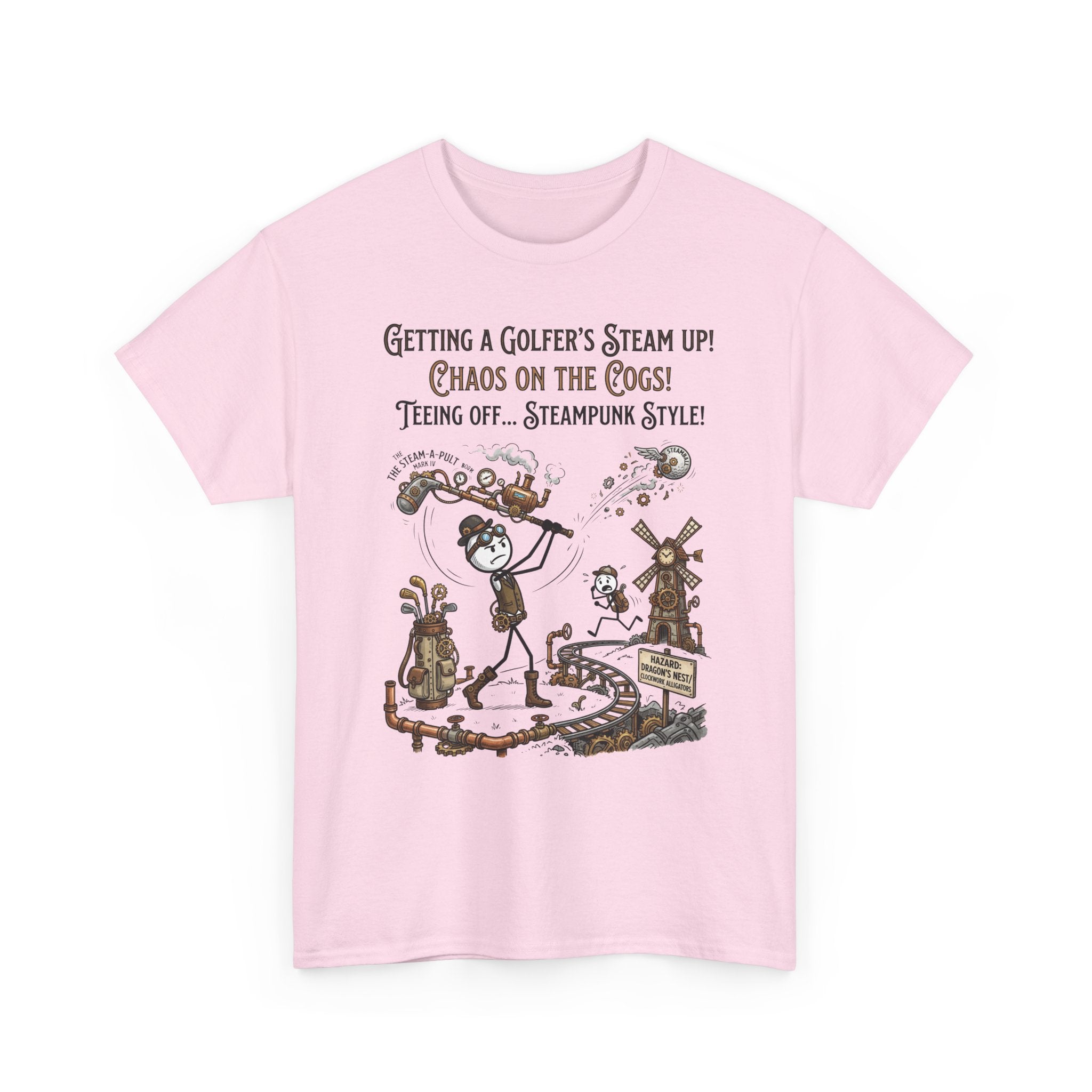 Steampunk Golf T-Shirt - "Getting a Golfer's Steam Up! Chaos on the Cogs" Graphic Tee