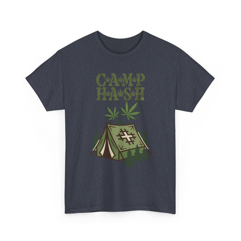 Camp Hash Cannabis Camping T‑Shirt — Retro Tent & Leaf Outdoor Smoke Tee