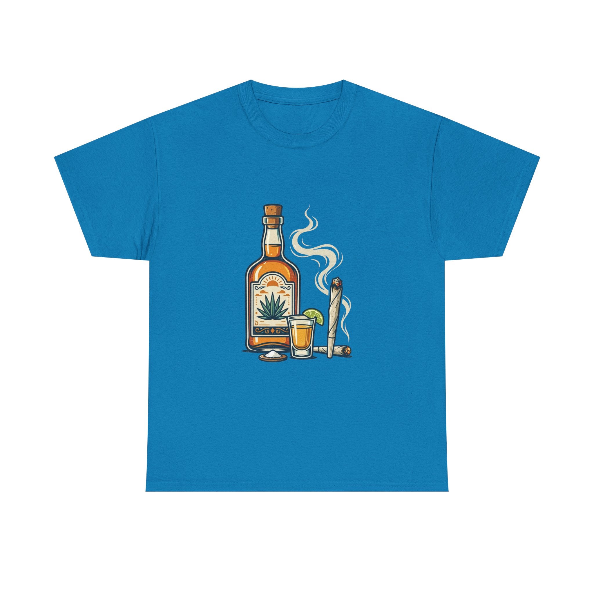 Tequila & Joint T-Shirt — Mexican Agave Bottle with Shot Glass and Joint Graphic