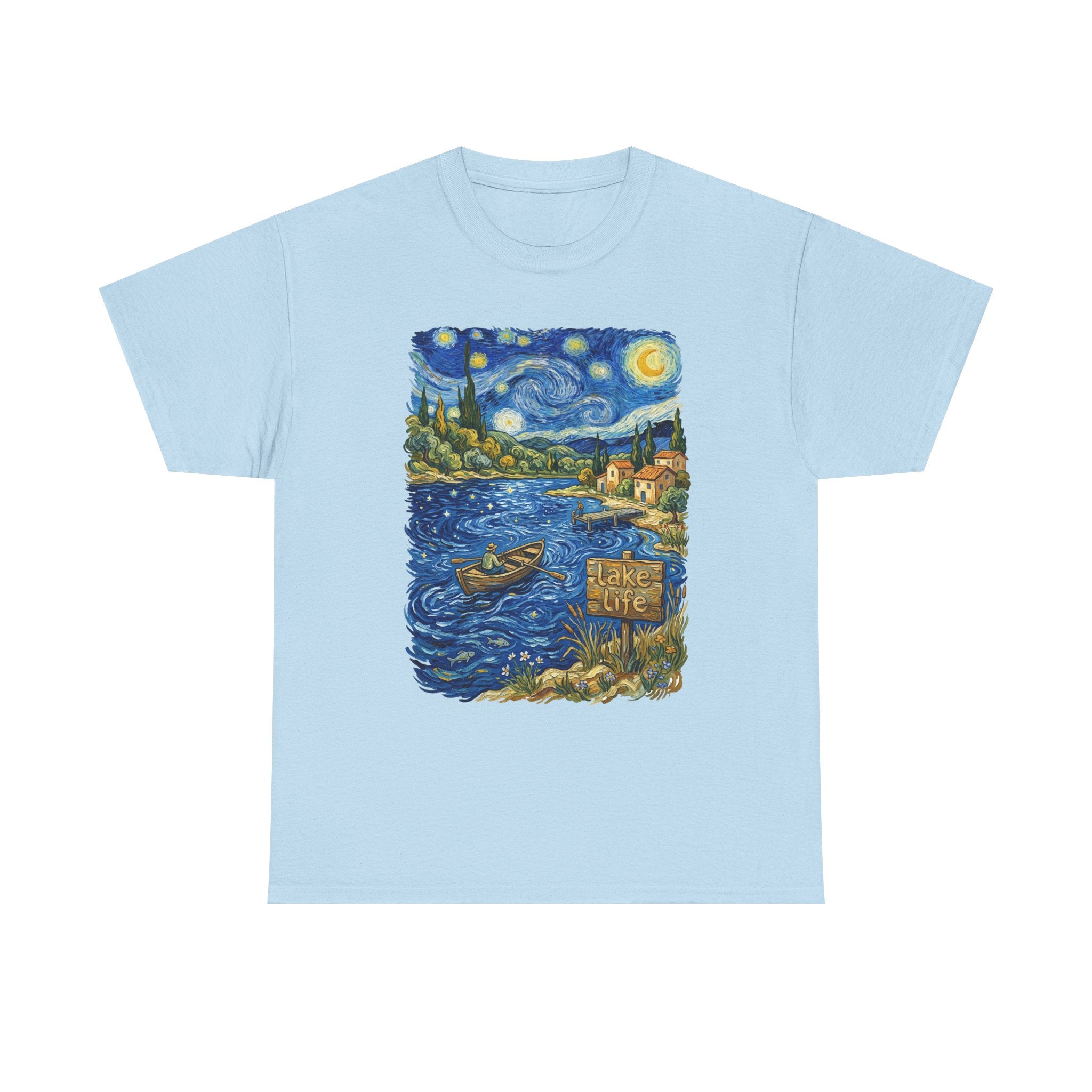 T-Shirt — Van Gogh Night Lake Art Tee (Boat on Starry Night)