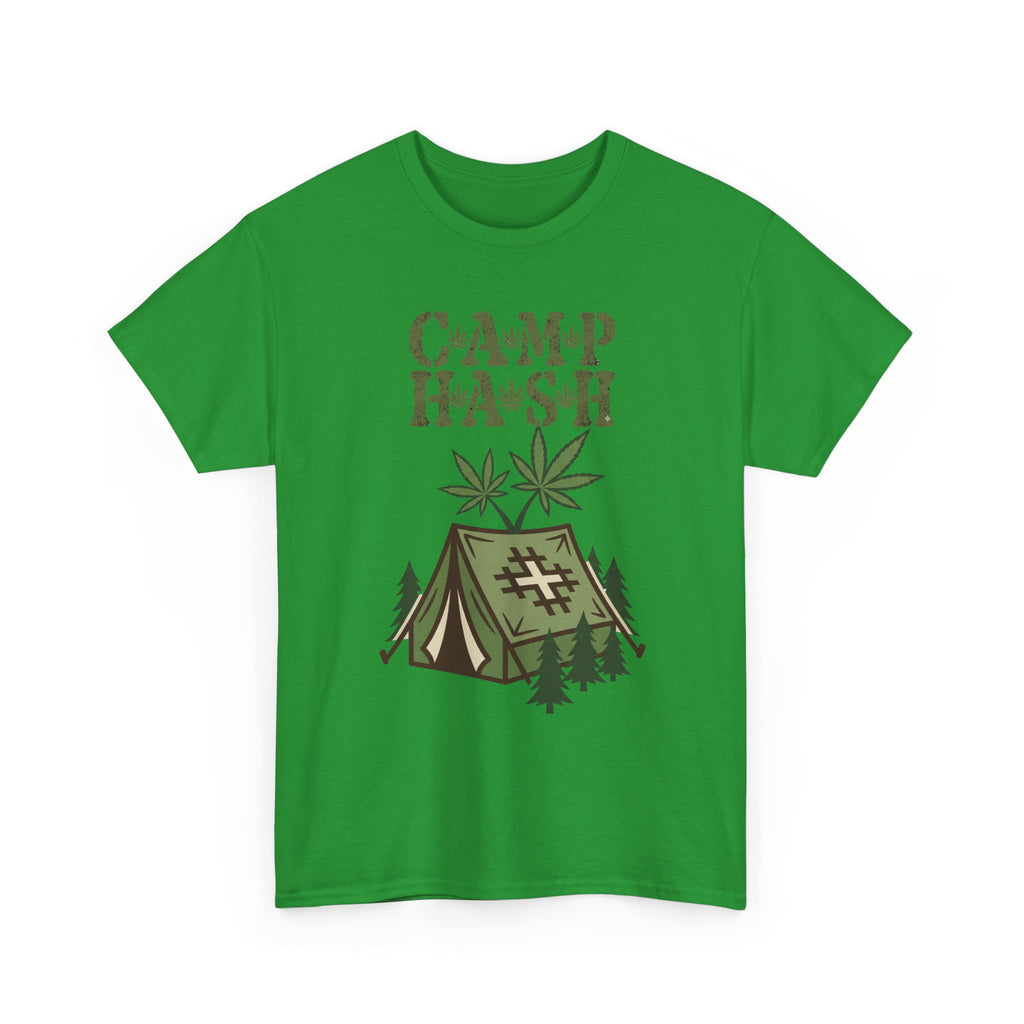 Camp Hash Cannabis Camping T‑Shirt — Retro Tent & Leaf Outdoor Smoke Tee