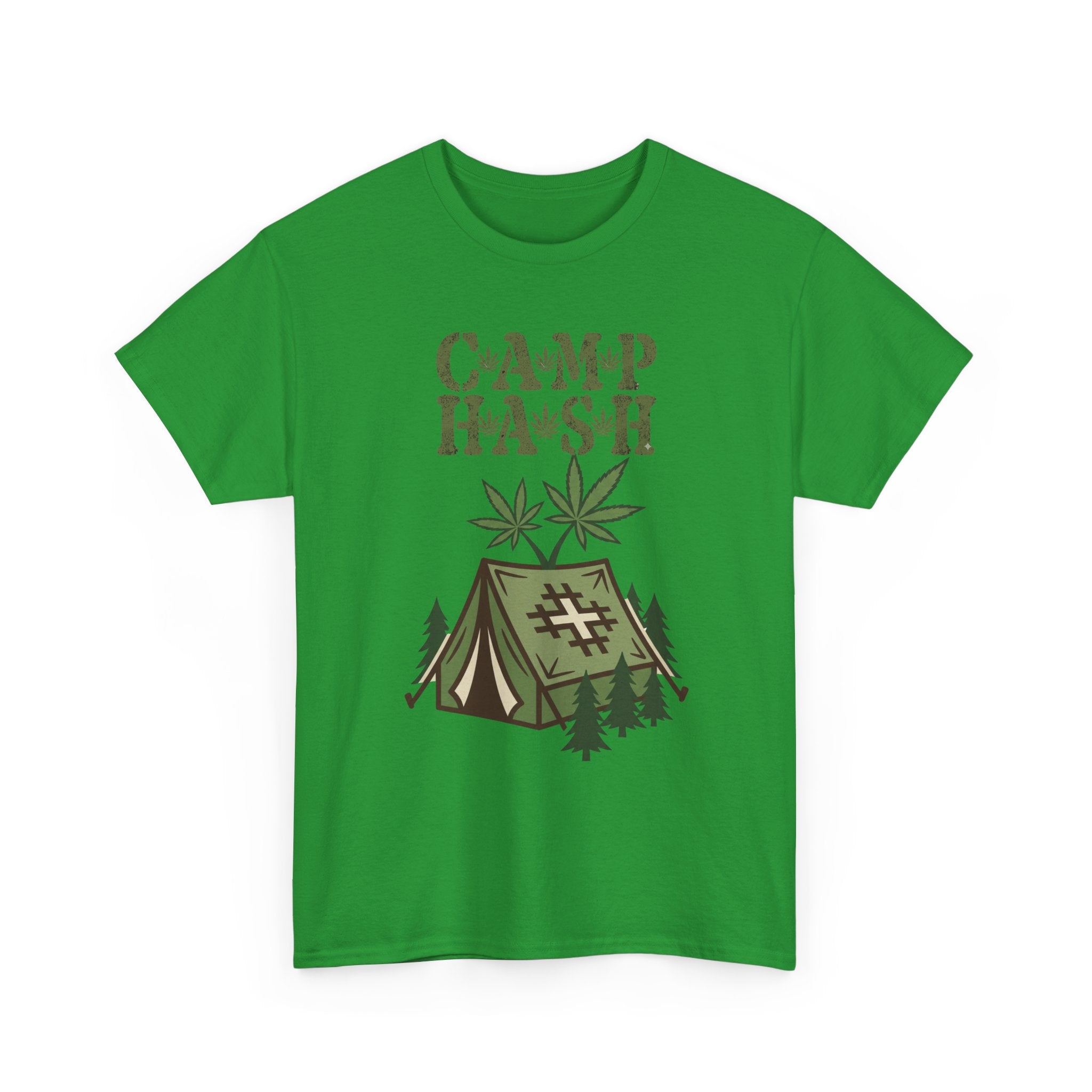 Camp Hash Cannabis Camping T‑Shirt — Retro Tent & Leaf Outdoor Smoke Tee