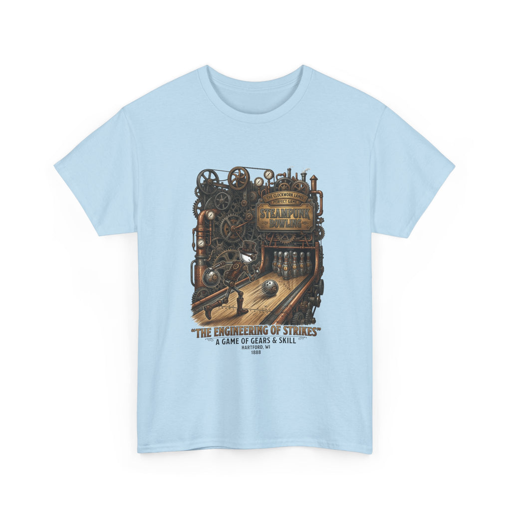 Steampunk Bowling T-Shirt — "The Engineering of Strikes" Vintage Gears Design