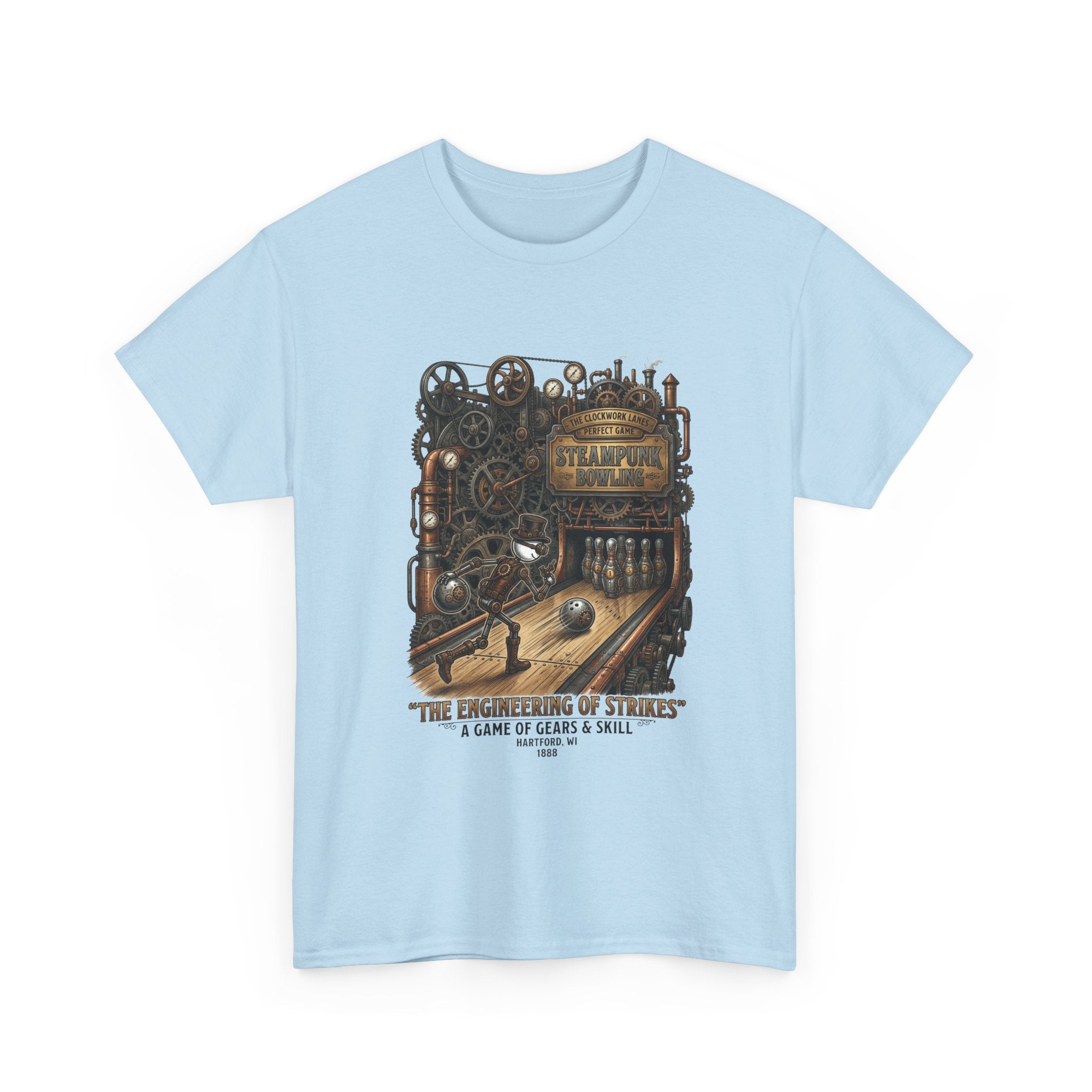 Steampunk Bowling T-Shirt — "The Engineering of Strikes" Vintage Gears Design