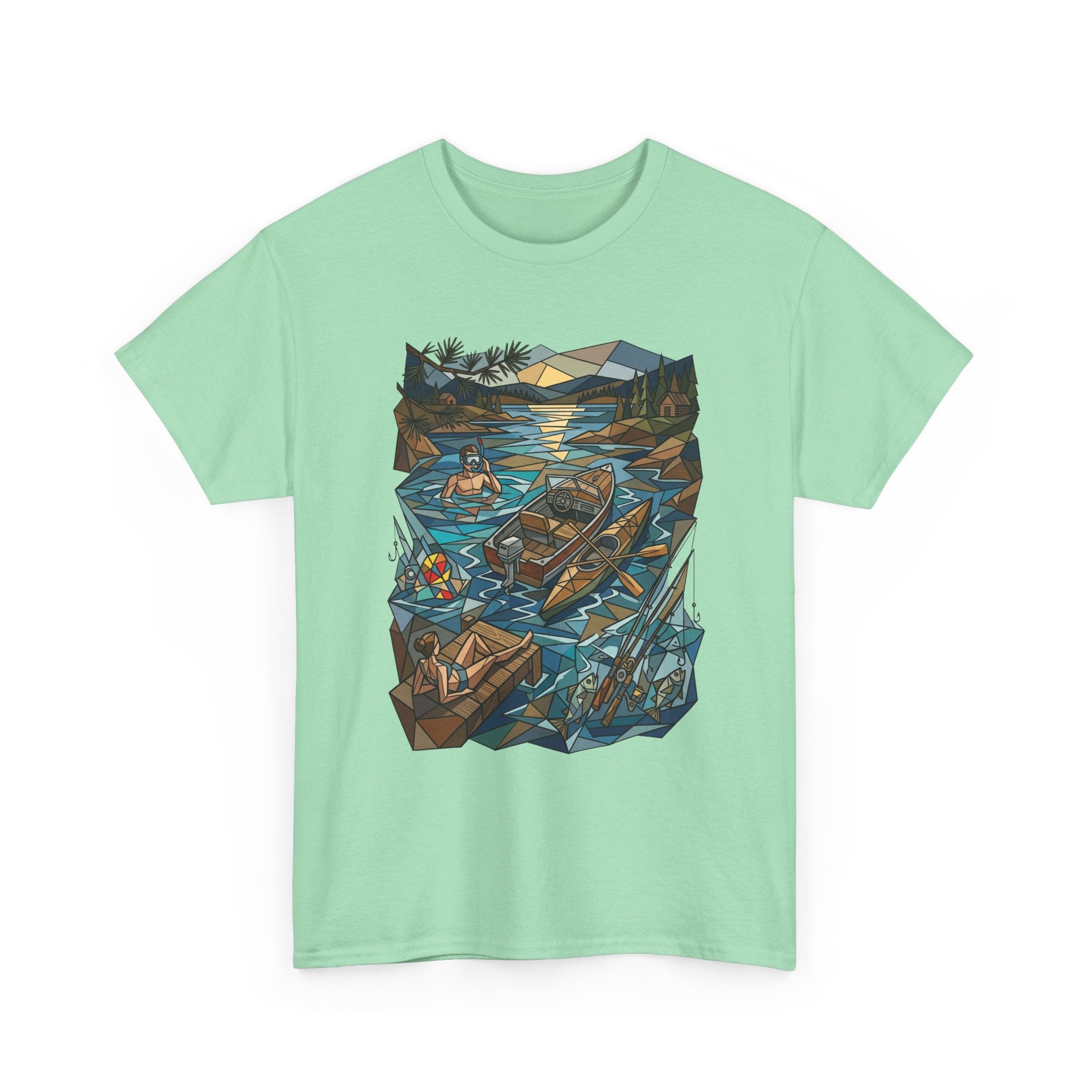 Fishing River Scene T-Shirt — Scenic Canoe & Rowboat Lake Outdoor Adventure Tee