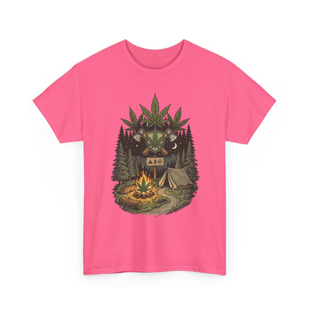 Camping Bear Graphic Tee — Forest Campfire & Leaf Emblem T-Shirt