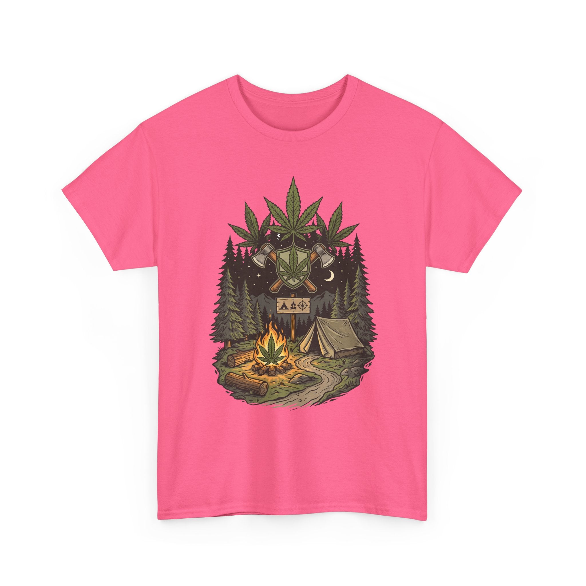 Camping Bear Graphic Tee — Forest Campfire & Leaf Emblem T-Shirt