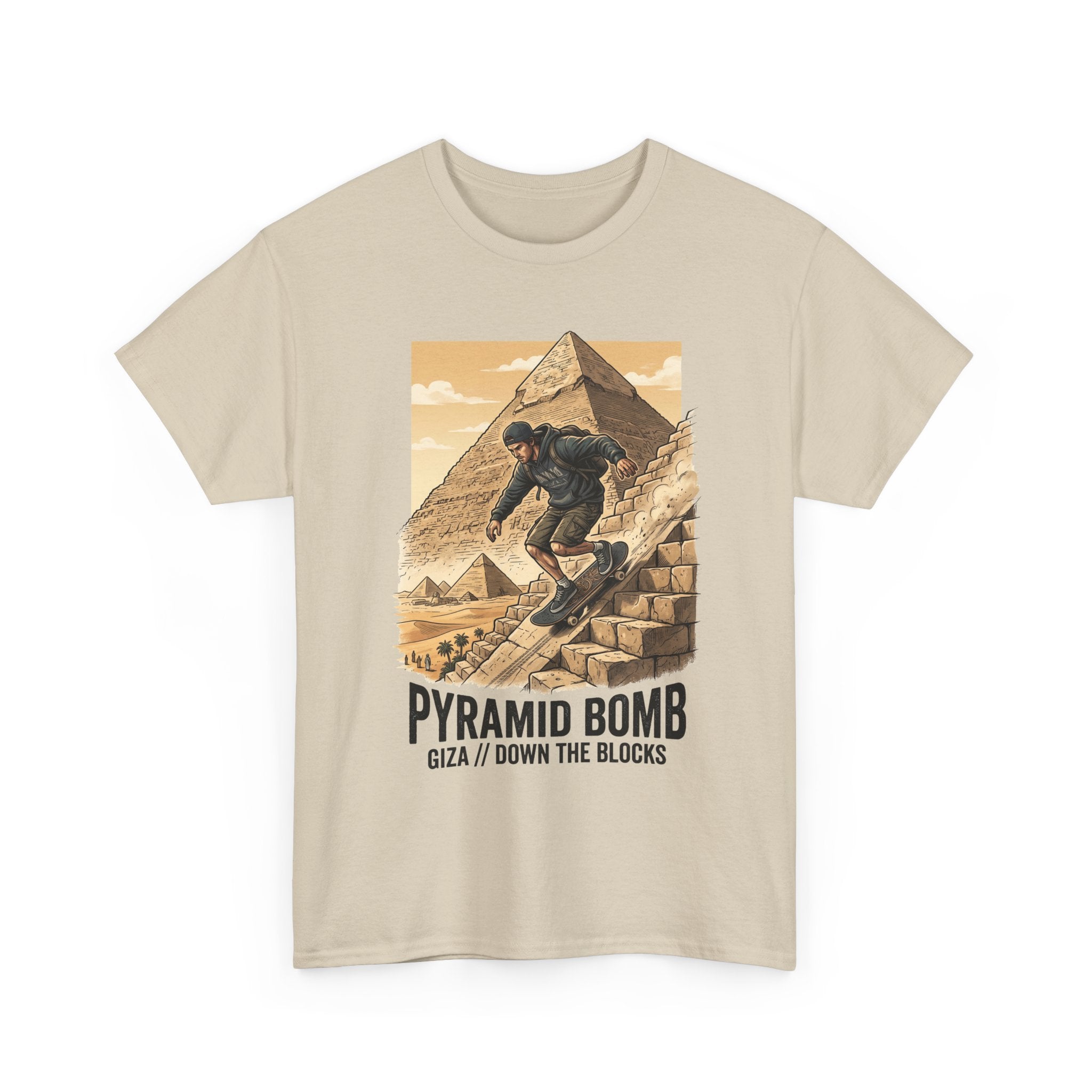Pyramid Bomb Skateboarding T-Shirt — "Pyramid Bomb: Giza / Down The Blocks" Vintage Skate Tee