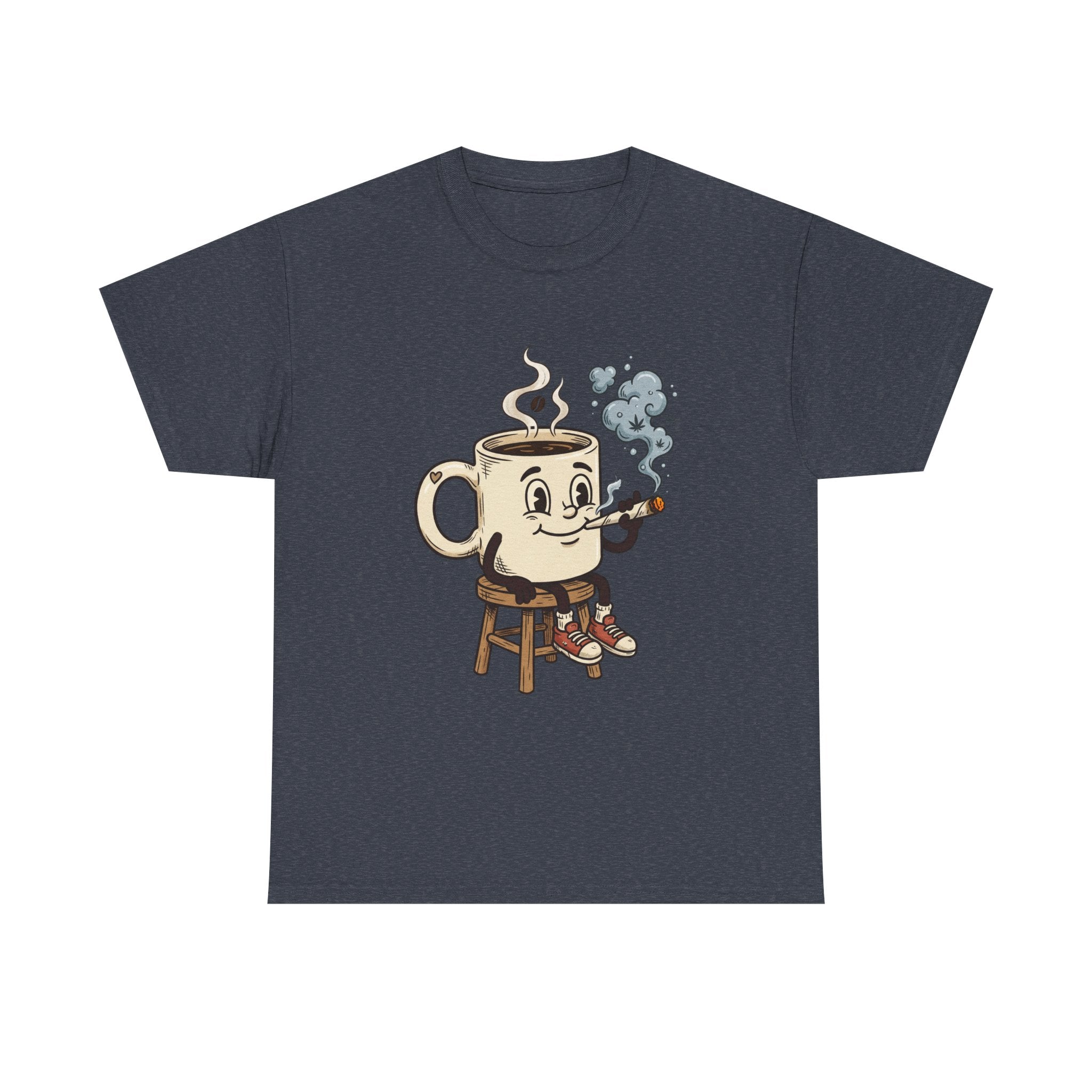 Coffee and a joint Character Tee — Retro Smiling Cup Smoking weed Graphic T-Shirt