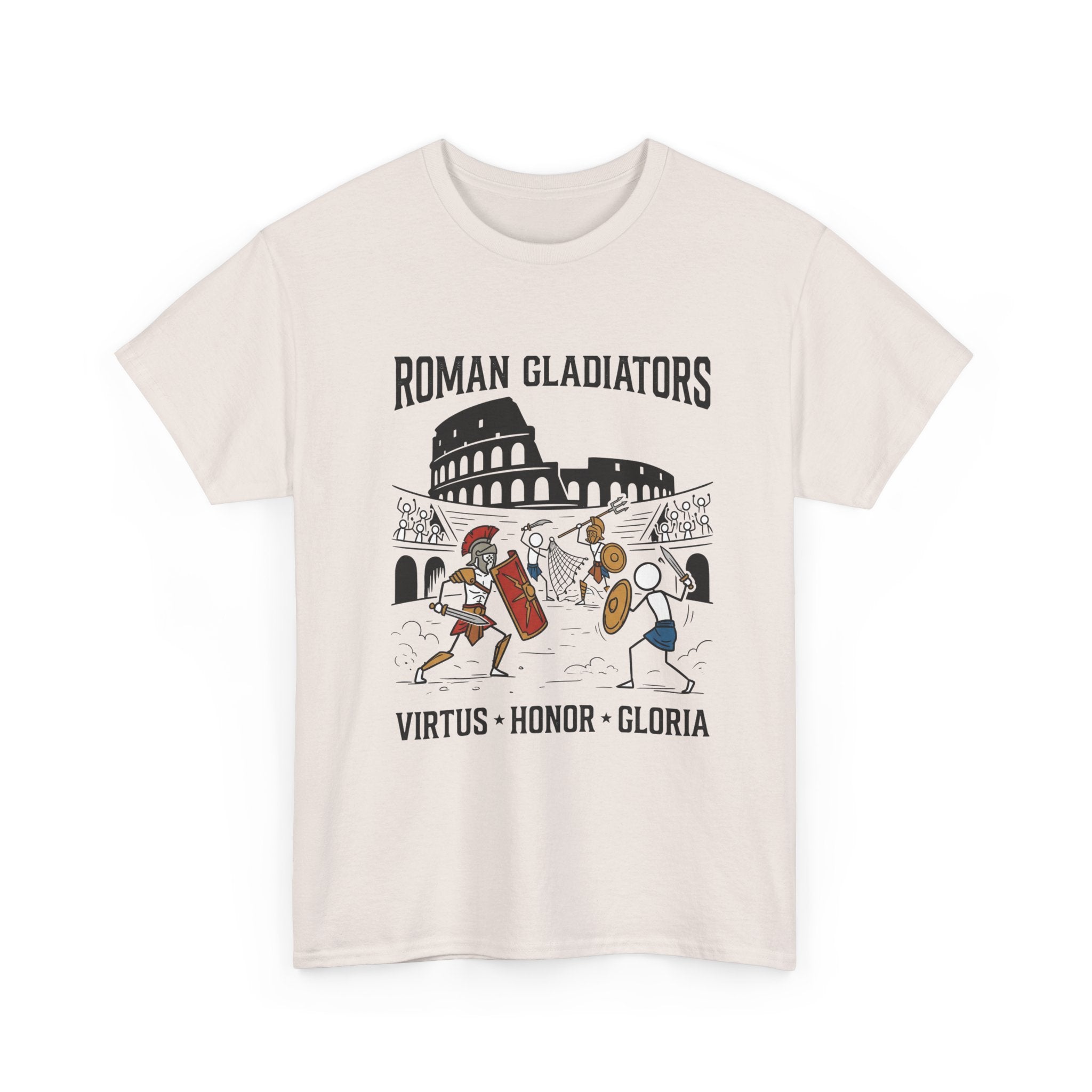 Roman Gladiators T-Shirt — Colosseum Design with "Virtus • Honor • Gloria"