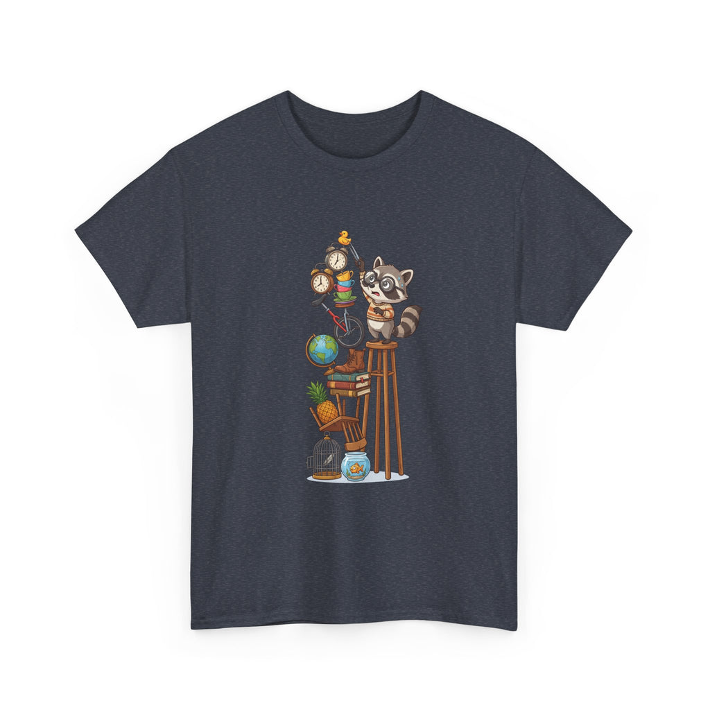 Raccoon & Curiosity Shelf T‑Shirt — Cute Scientist Animal Stack Graphic Tee