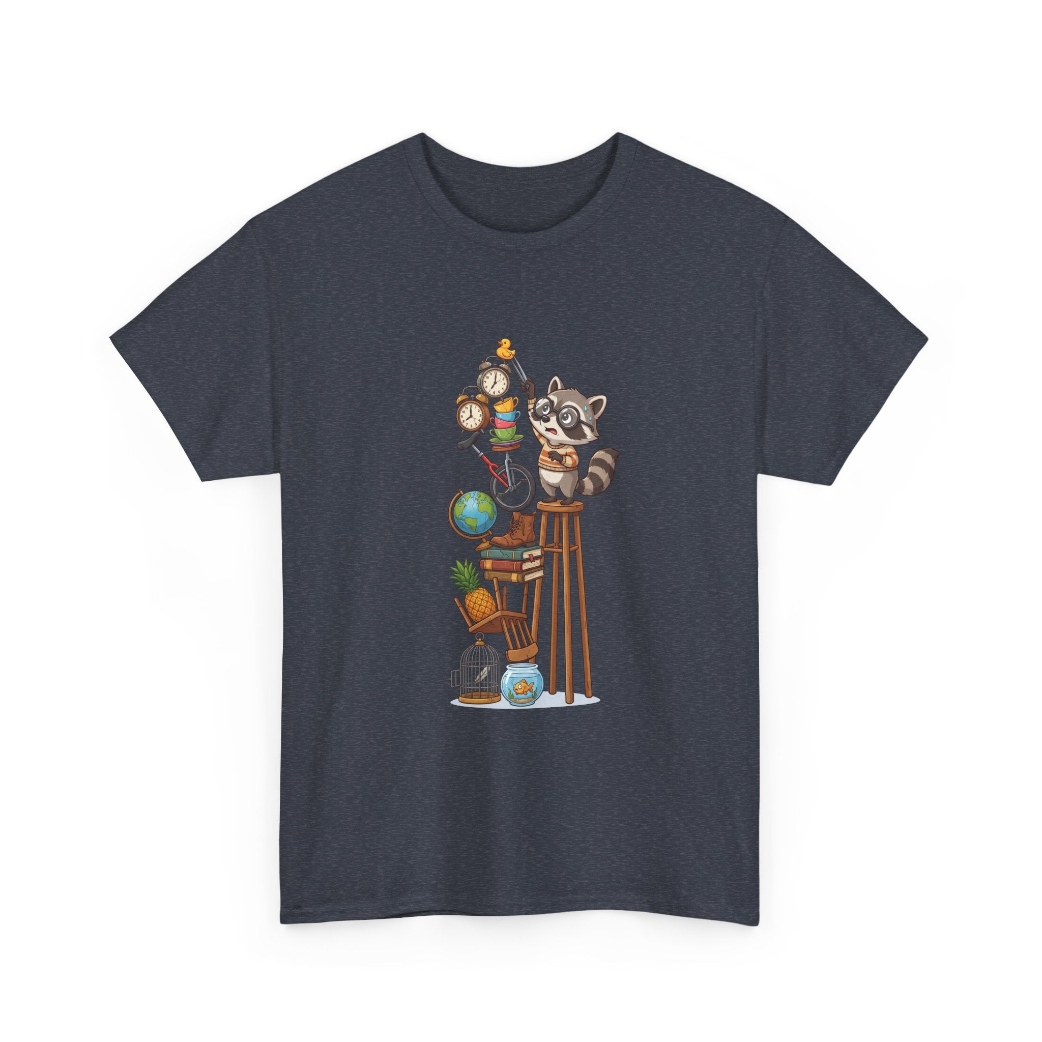 Raccoon & Curiosity Shelf T‑Shirt — Cute Scientist Animal Stack Graphic Tee