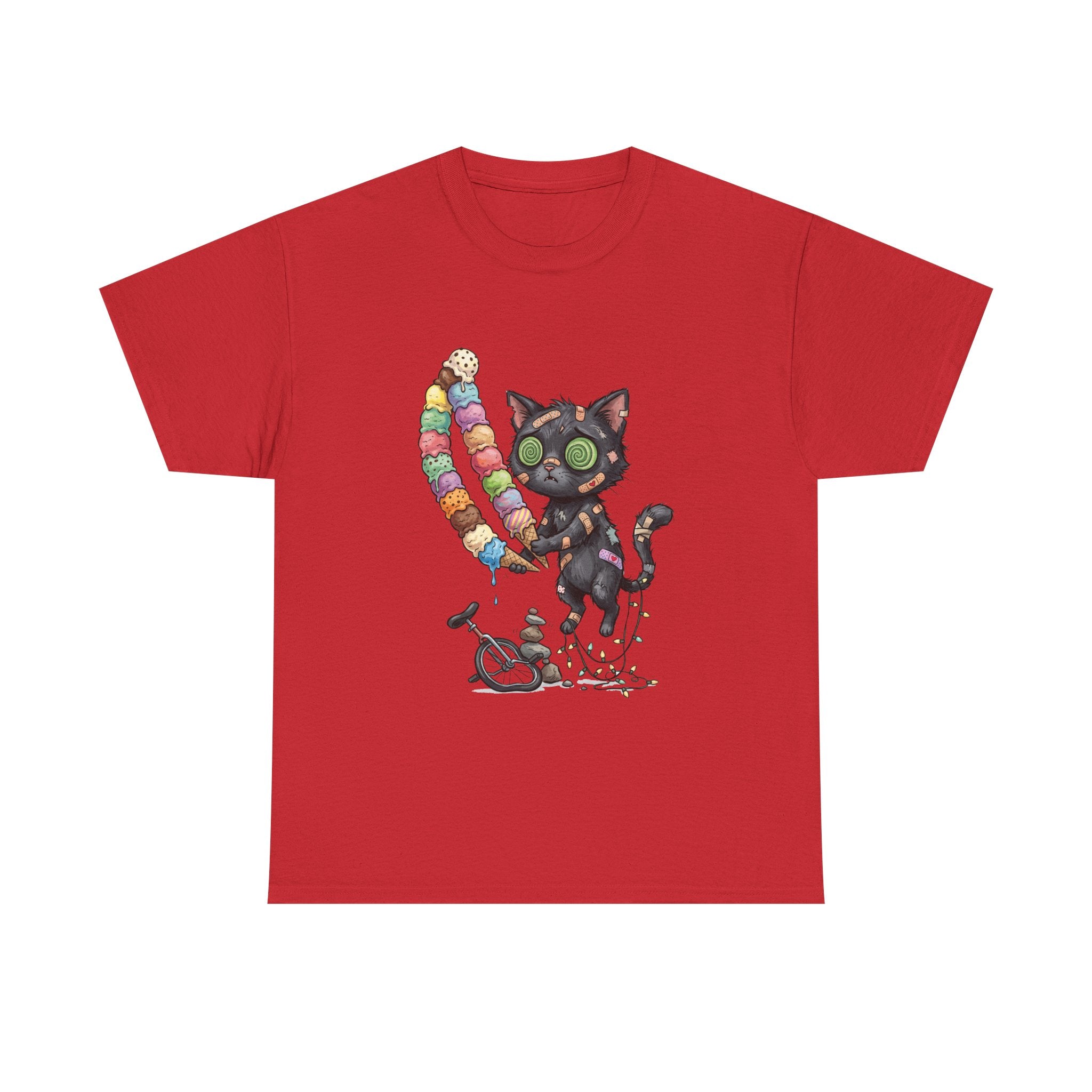 Cat with Ice Cream Graphic Tee — Cute Retro Kawaii Black Cat Holding Rainbow Ice Cream