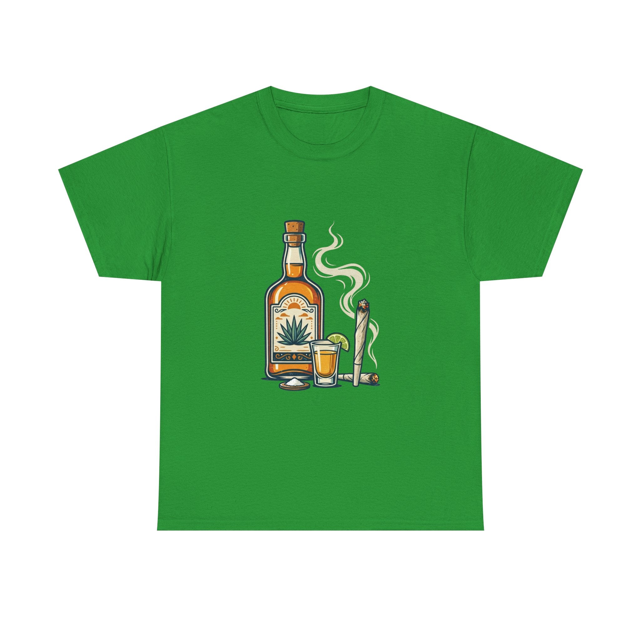 Tequila & Joint T-Shirt — Mexican Agave Bottle with Shot Glass and Joint Graphic