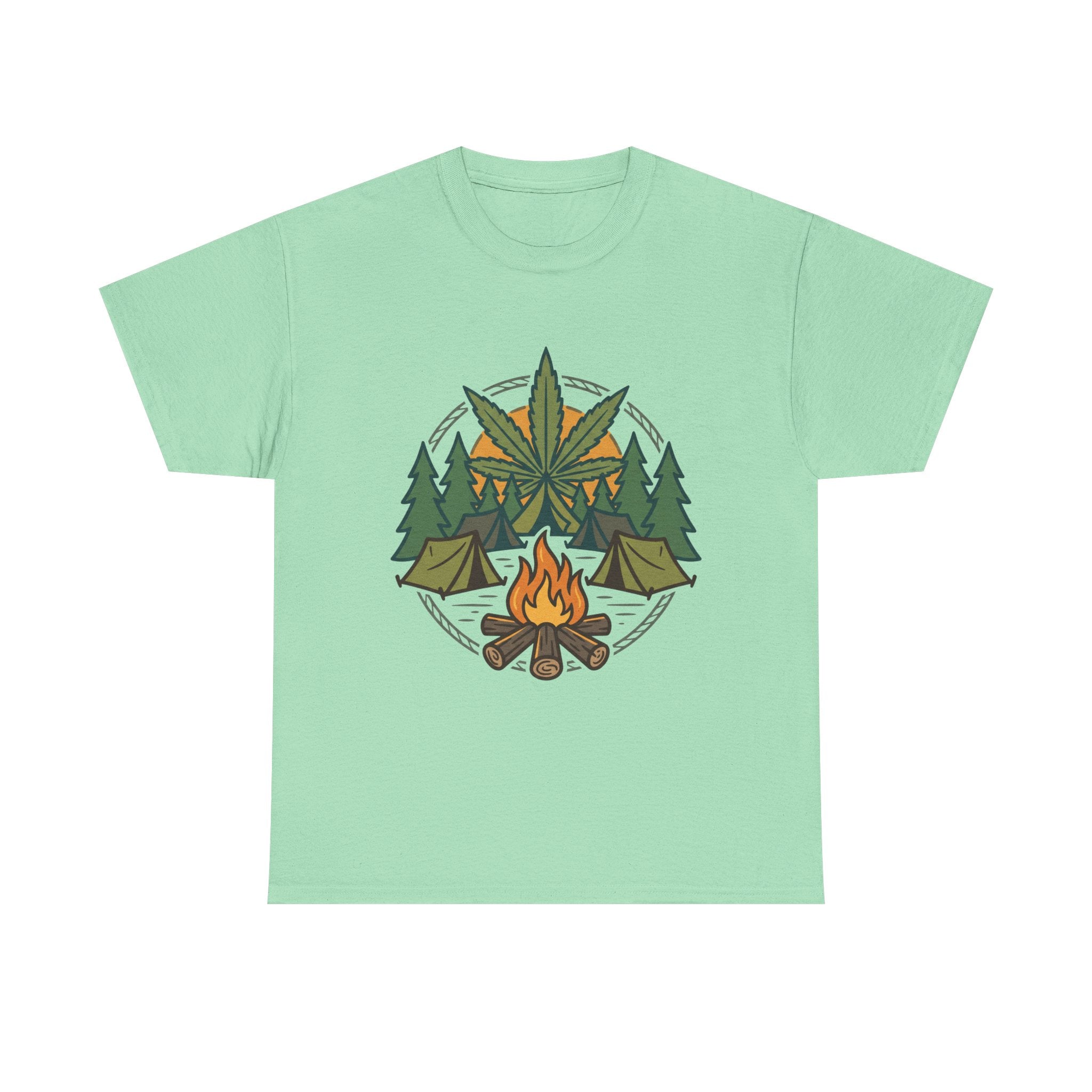 Camping Cannabis T‑Shirt – Outdoorsy Weed Leaf Campfire Graphic Tee
