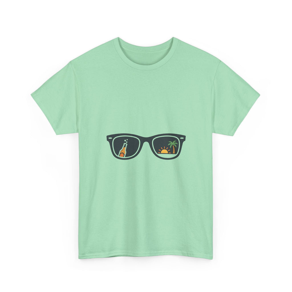 Sunglasses Reflection Tee — Tropical Beach & Palm Drink Graphic T-Shirt