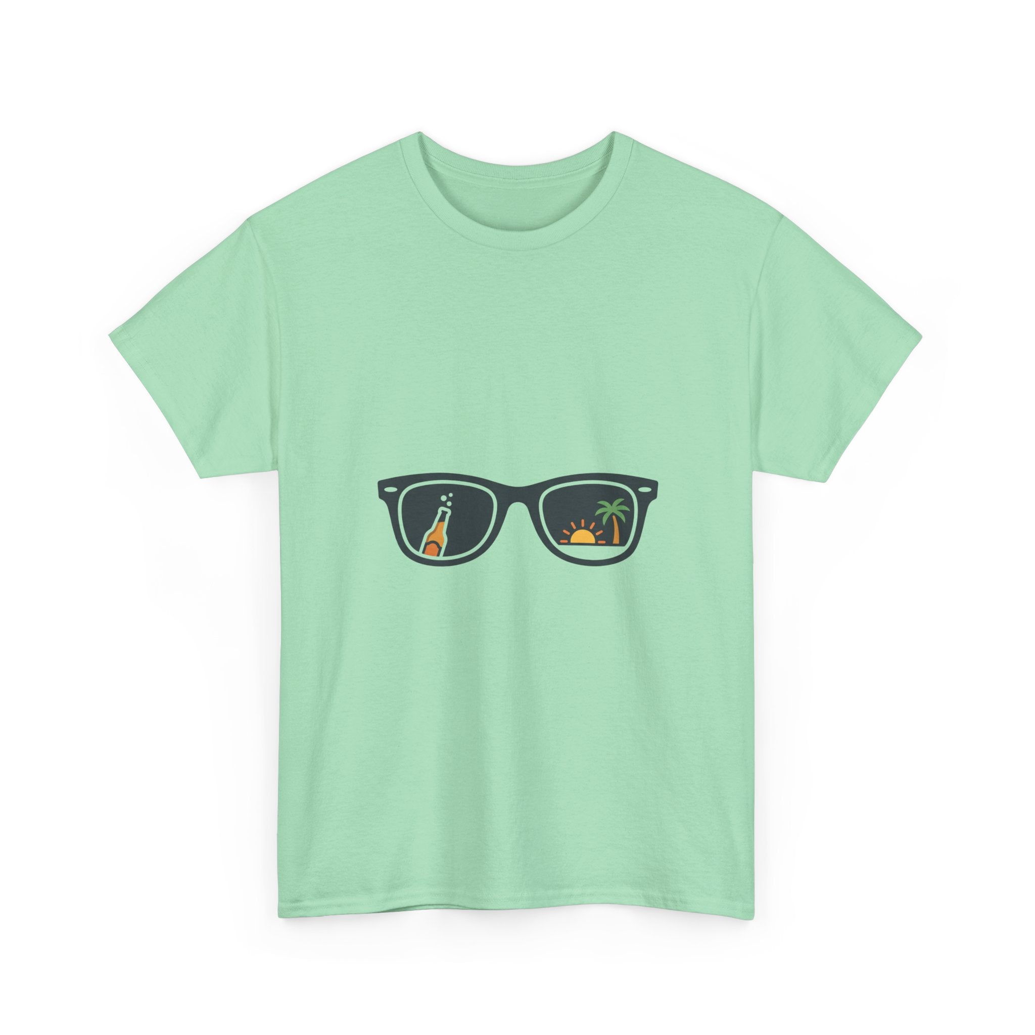 Sunglasses Reflection Tee — Tropical Beach & Palm Drink Graphic T-Shirt
