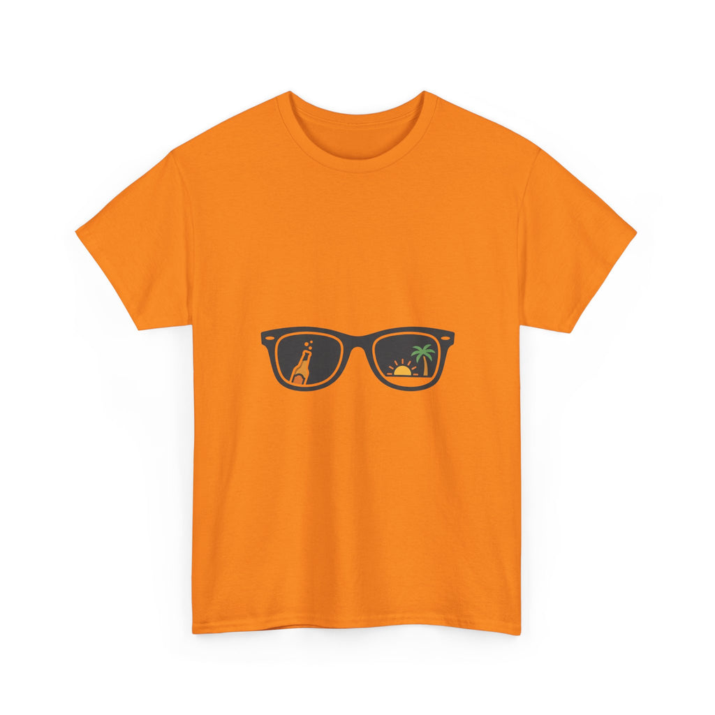 Sunglasses Reflection Tee — Tropical Beach & Palm Drink Graphic T-Shirt