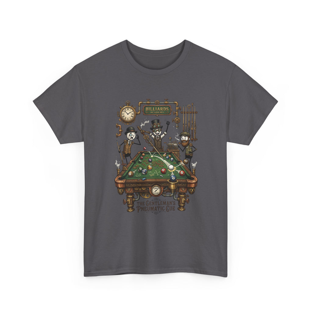 Steampunk Billiards Tee – 'The Gentleman's Pneumatic Cue' Pool Table Graphic Shirt