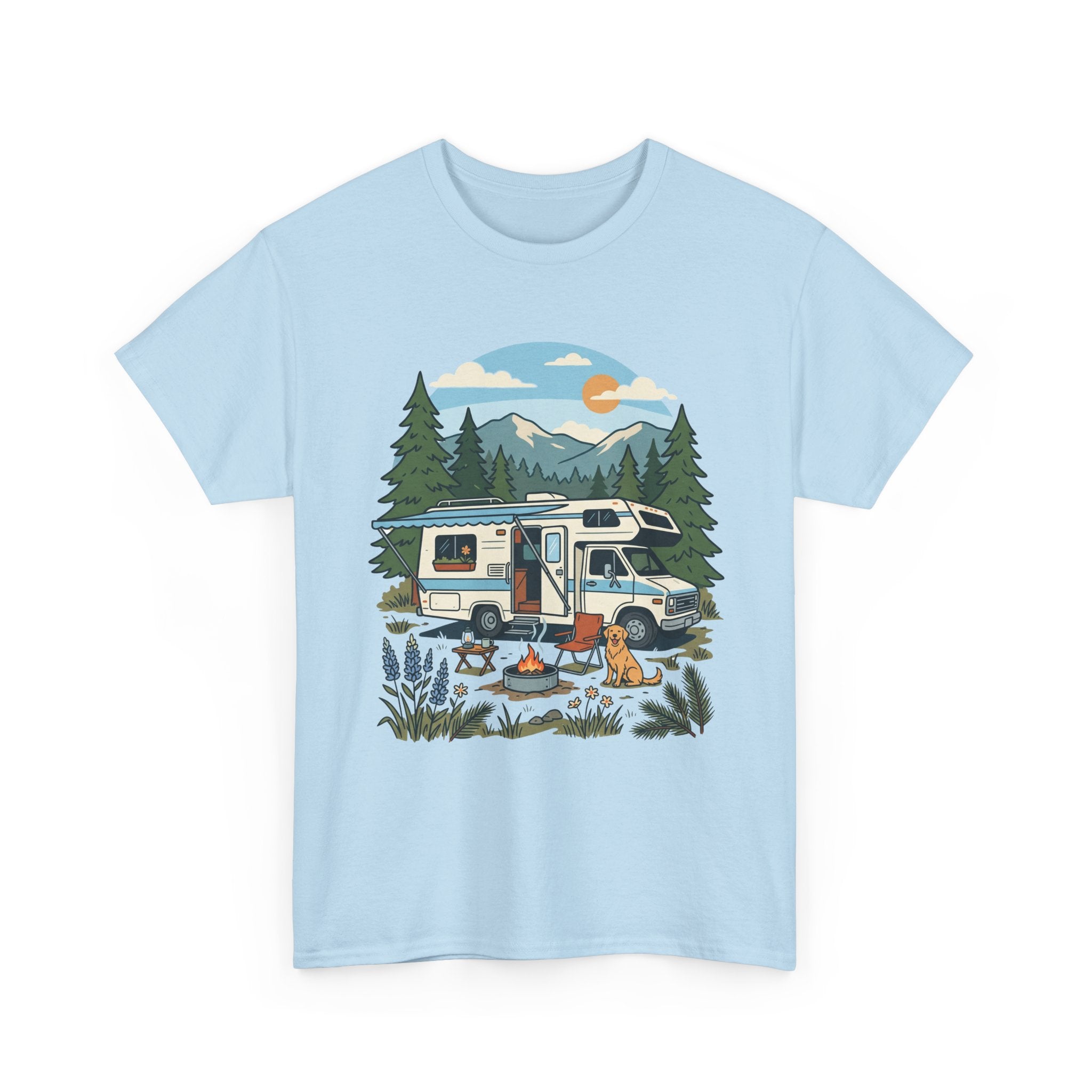 Camper Van Camping T‑Shirt — Retro RV Campfire Graphic Tee for Outdoors Lovers