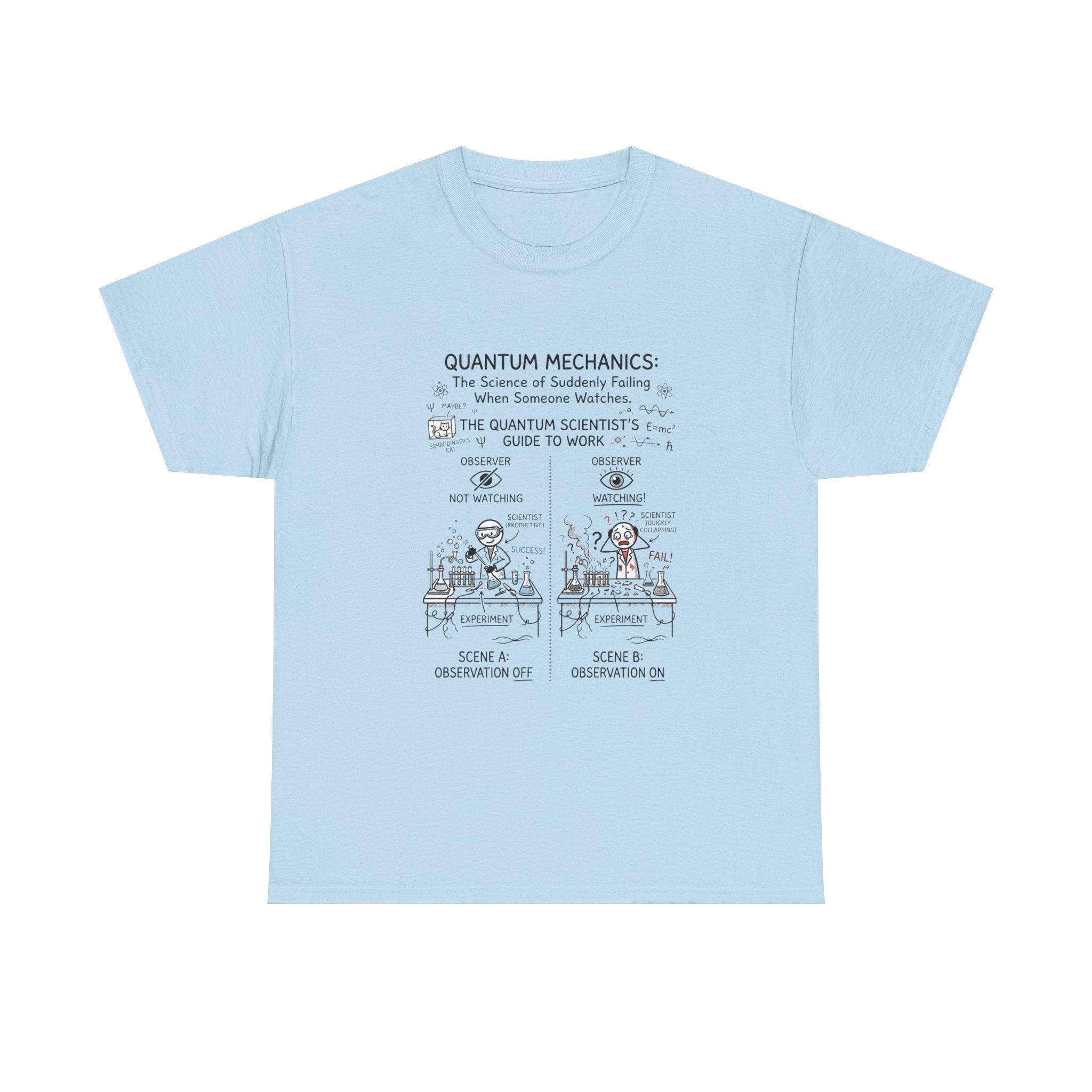 Quantum Mechanics Cartoon T‑Shirt — Funny Science Diagram Tee