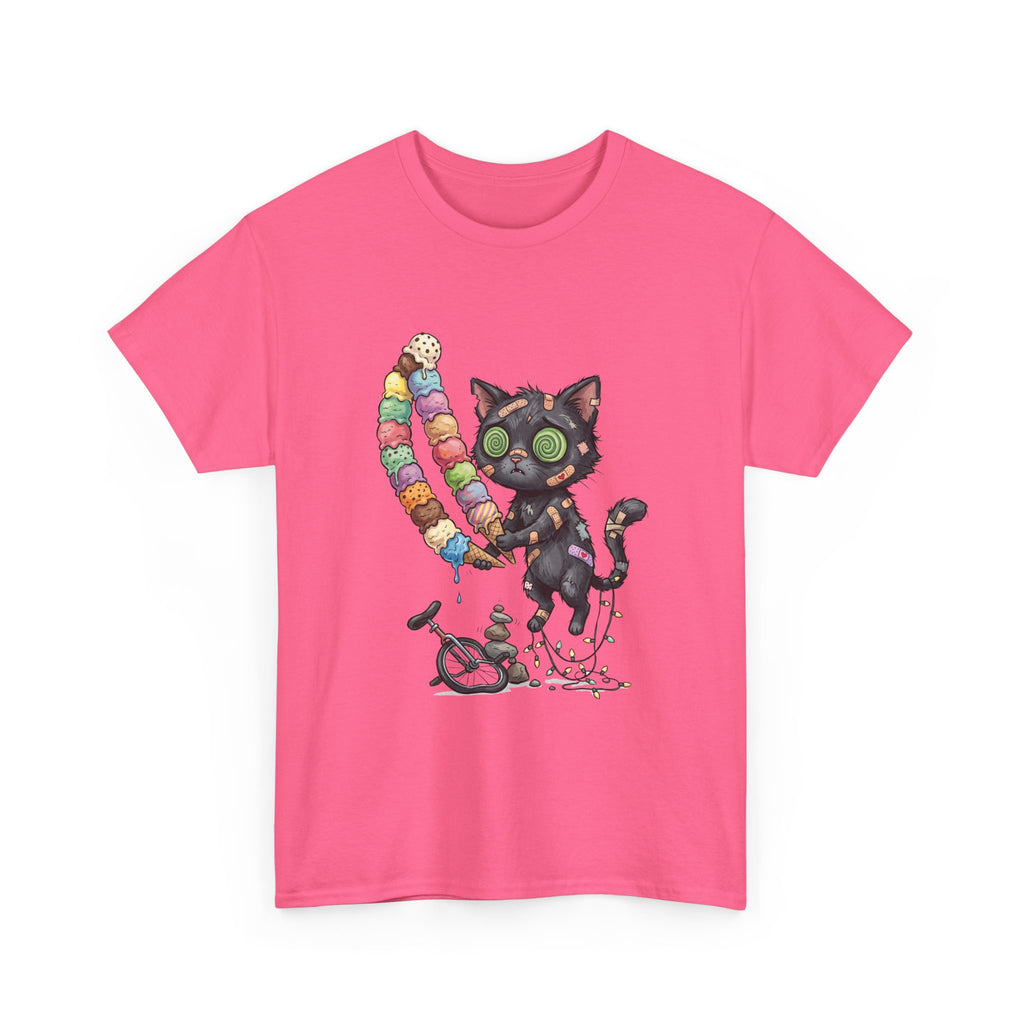 Cat with Ice Cream Graphic Tee — Cute Retro Kawaii Black Cat Holding Rainbow Ice Cream