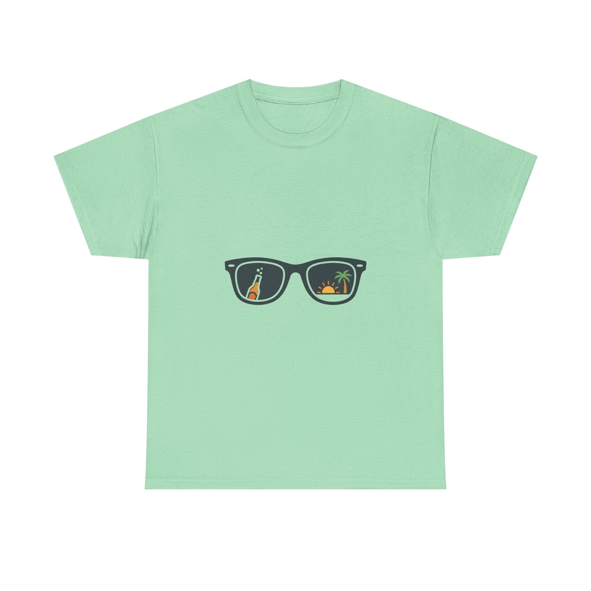 Sunglasses Reflection Tee — Tropical Beach & Palm Drink Graphic T-Shirt