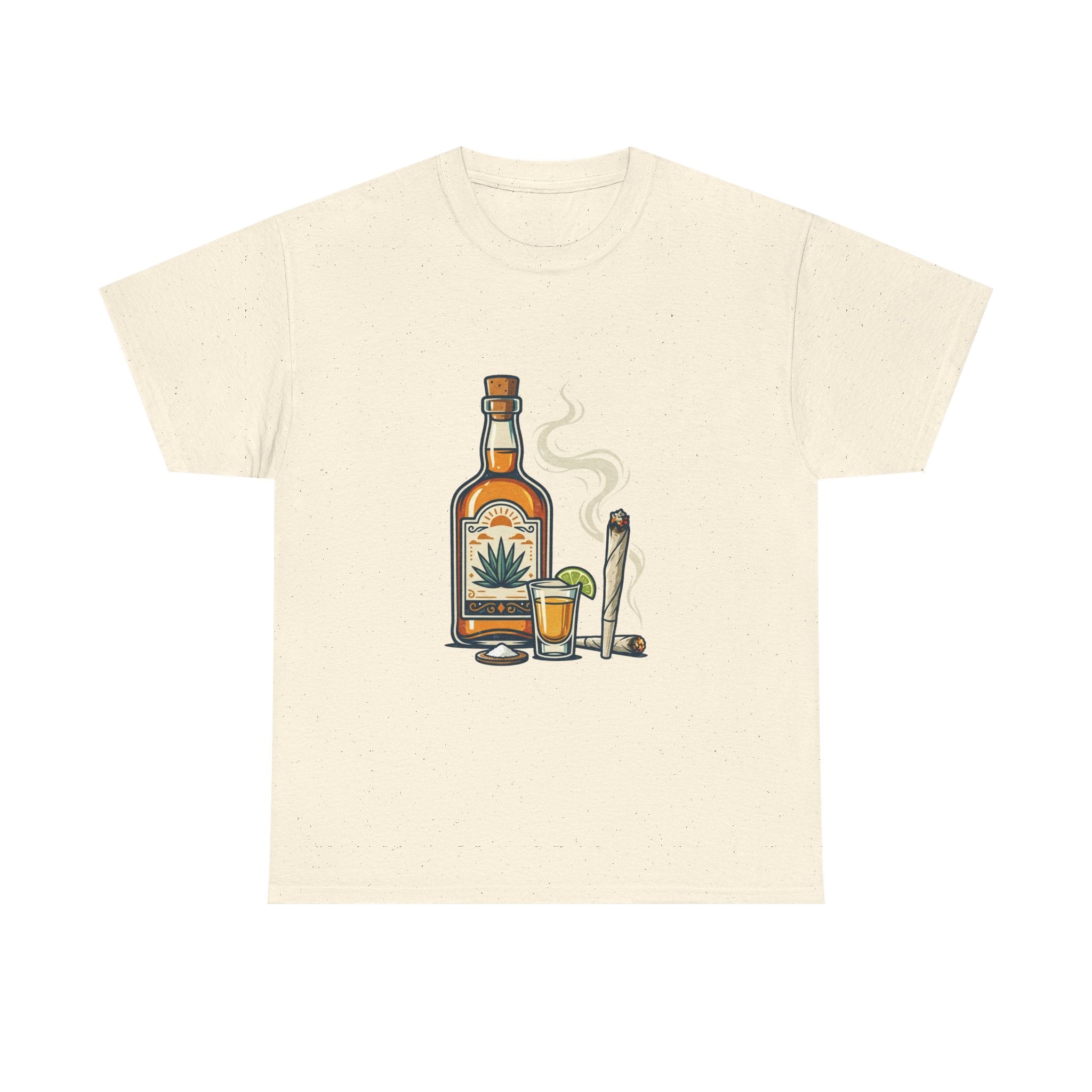 Tequila & Joint T-Shirt — Mexican Agave Bottle with Shot Glass and Joint Graphic