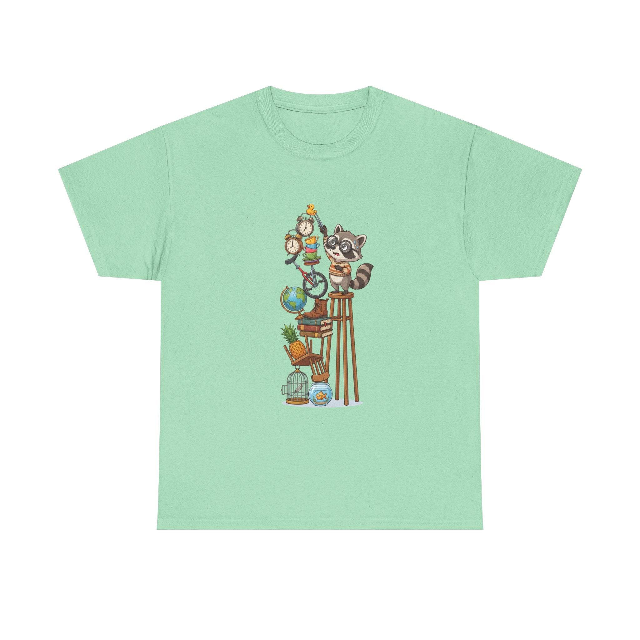 Raccoon & Curiosity Shelf T‑Shirt — Cute Scientist Animal Stack Graphic Tee