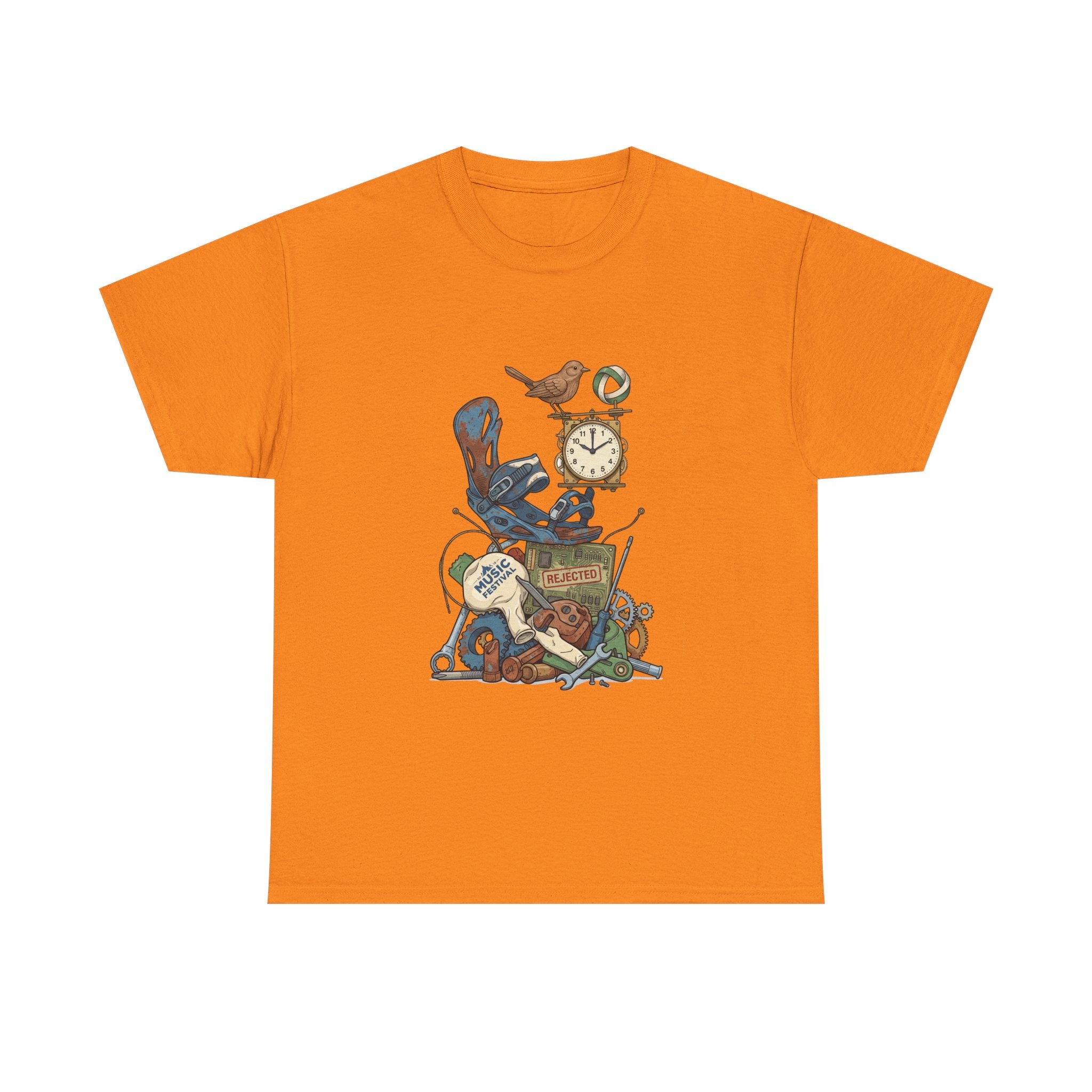 Vintage Hobbies Stack T-Shirt — Retro Clock, Guitar & Tools Illustration