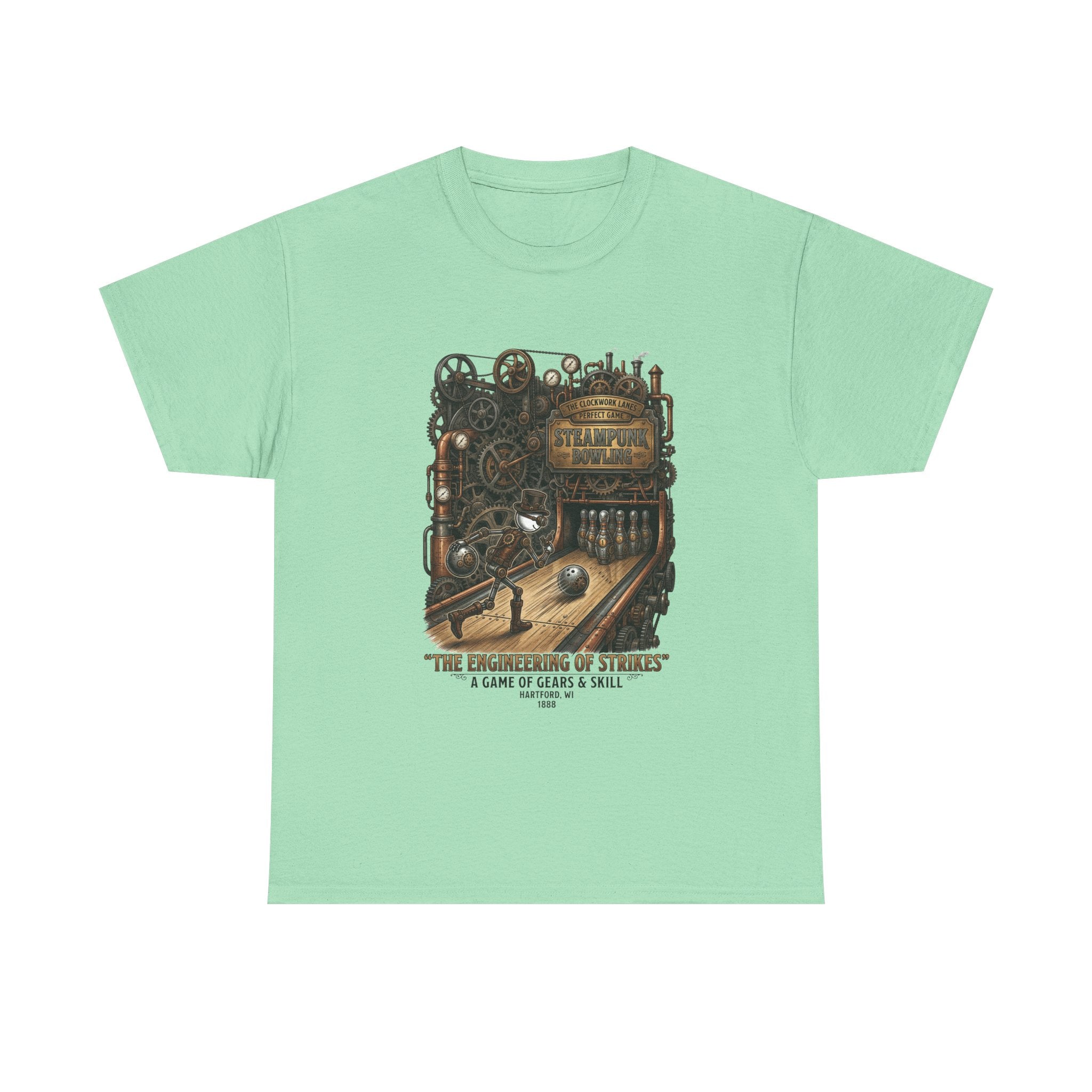 Steampunk Bowling T-Shirt — "The Engineering of Strikes" Vintage Gears Design