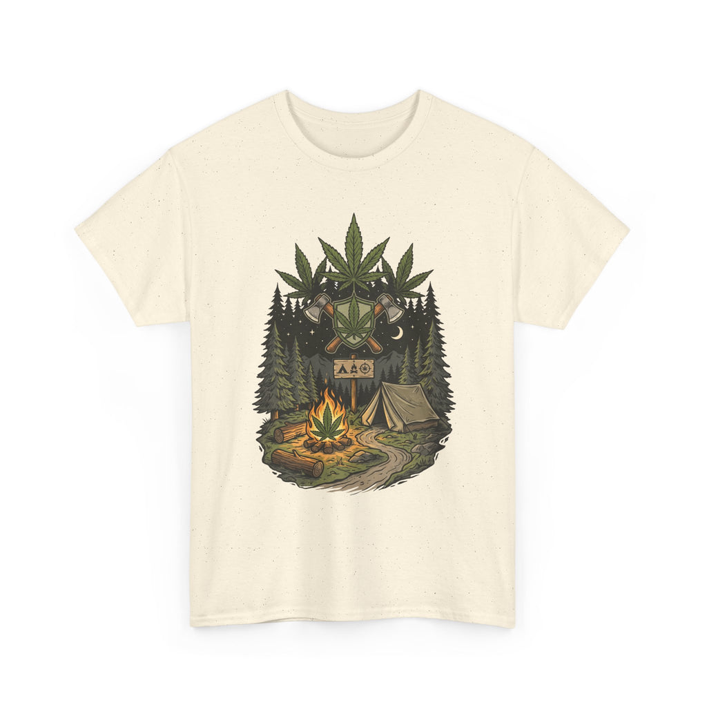 Camping Bear Graphic Tee — Forest Campfire & Leaf Emblem T-Shirt