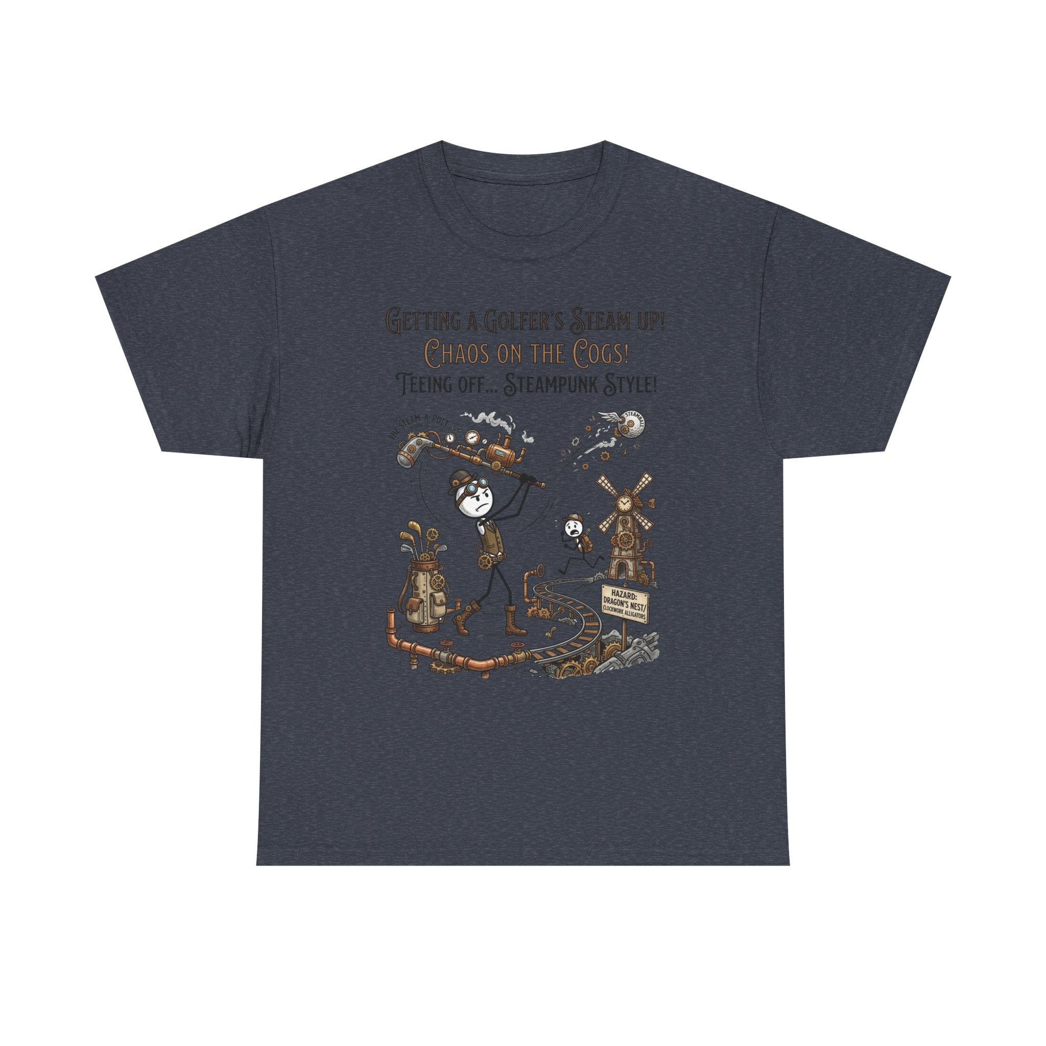 Steampunk Golf T-Shirt - "Getting a Golfer's Steam Up! Chaos on the Cogs" Graphic Tee