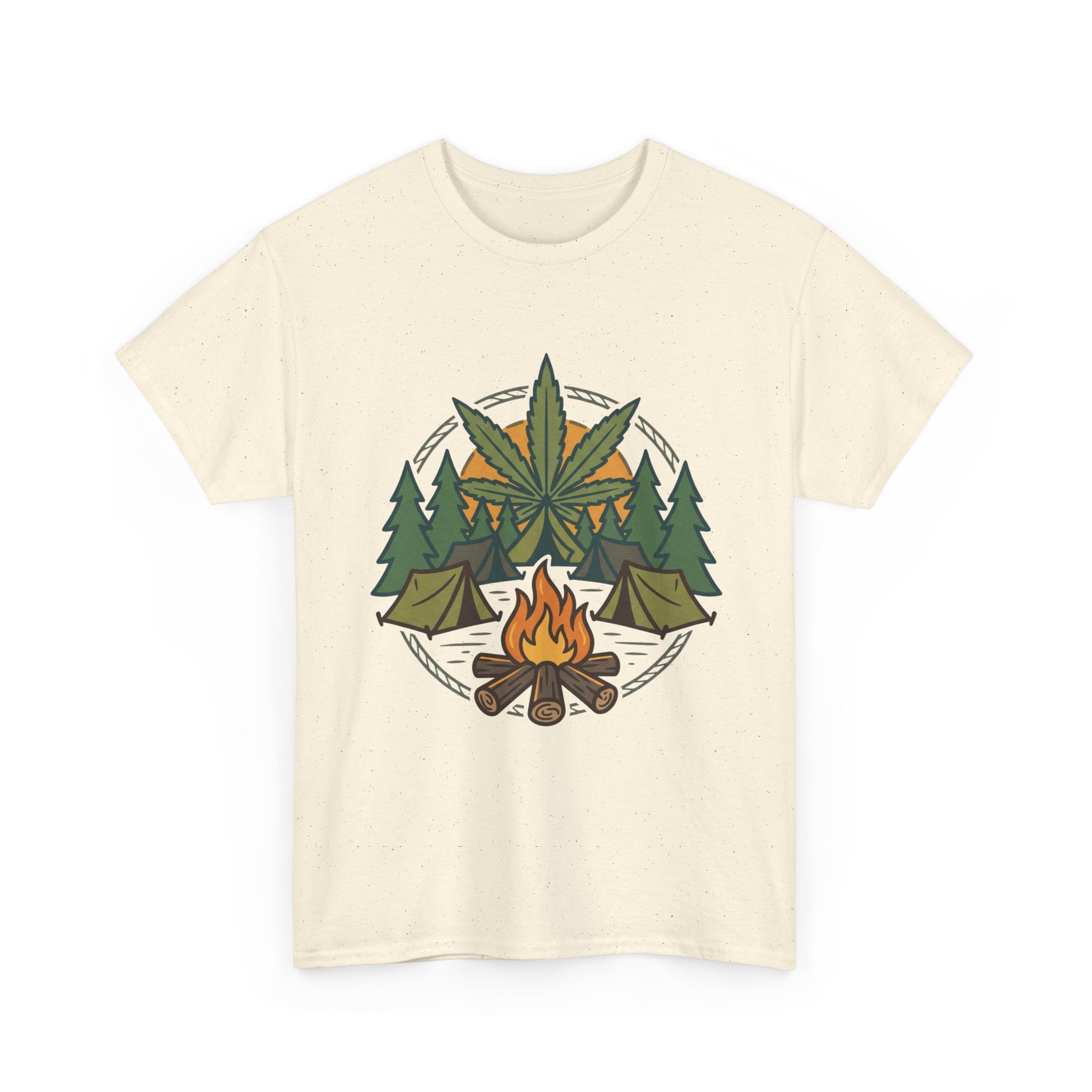 Camping Cannabis T‑Shirt – Outdoorsy Weed Leaf Campfire Graphic Tee