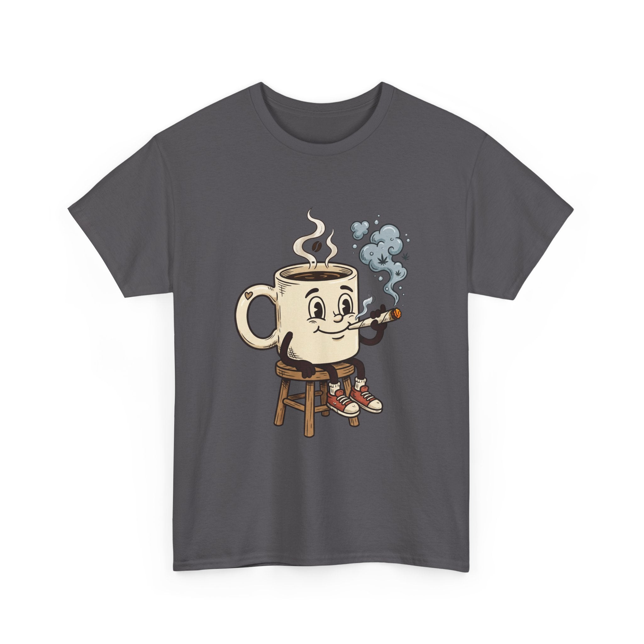 Coffee and a joint Character Tee — Retro Smiling Cup Smoking weed Graphic T-Shirt