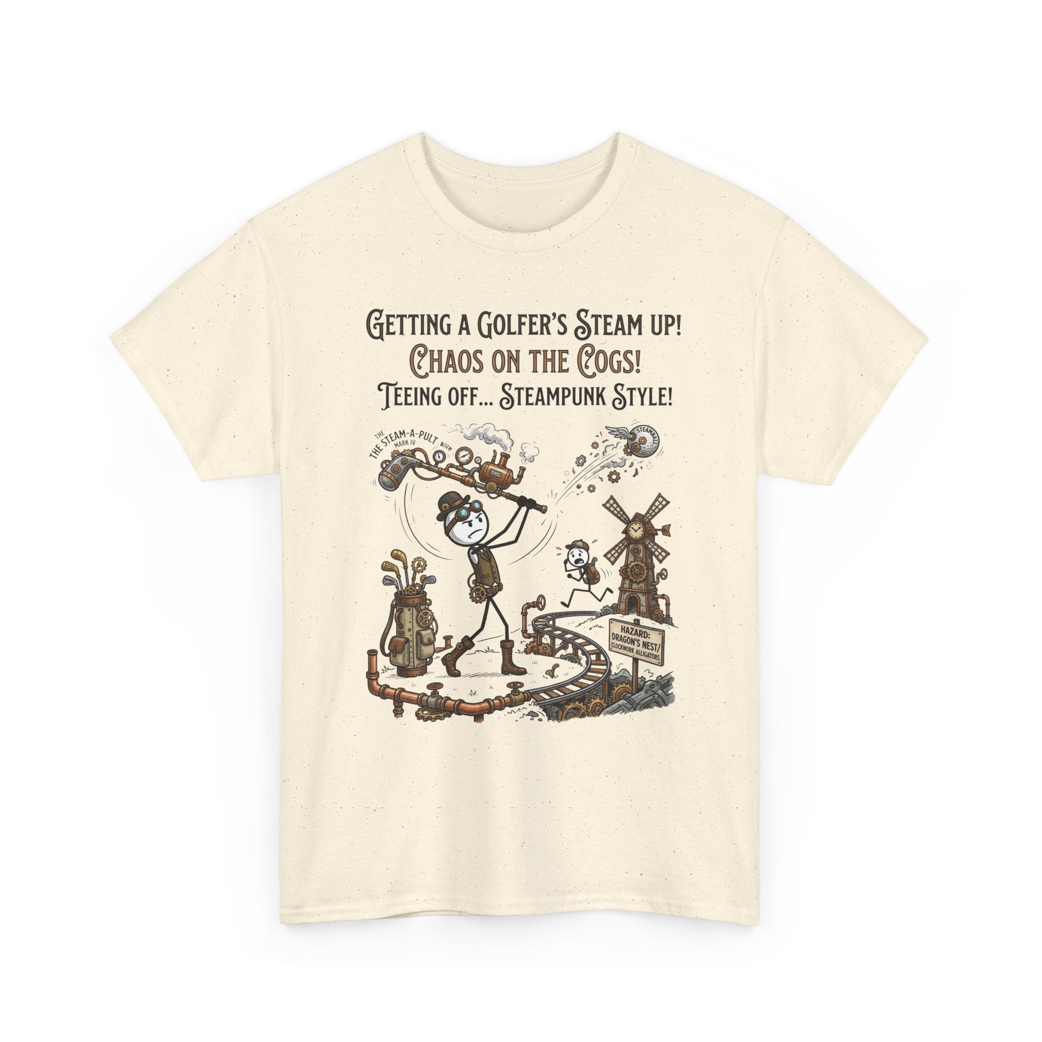 Steampunk Golf T-Shirt - "Getting a Golfer's Steam Up! Chaos on the Cogs" Graphic Tee