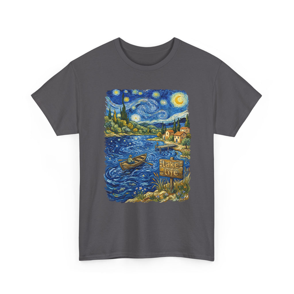 T-Shirt — Van Gogh Night Lake Art Tee (Boat on Starry Night)