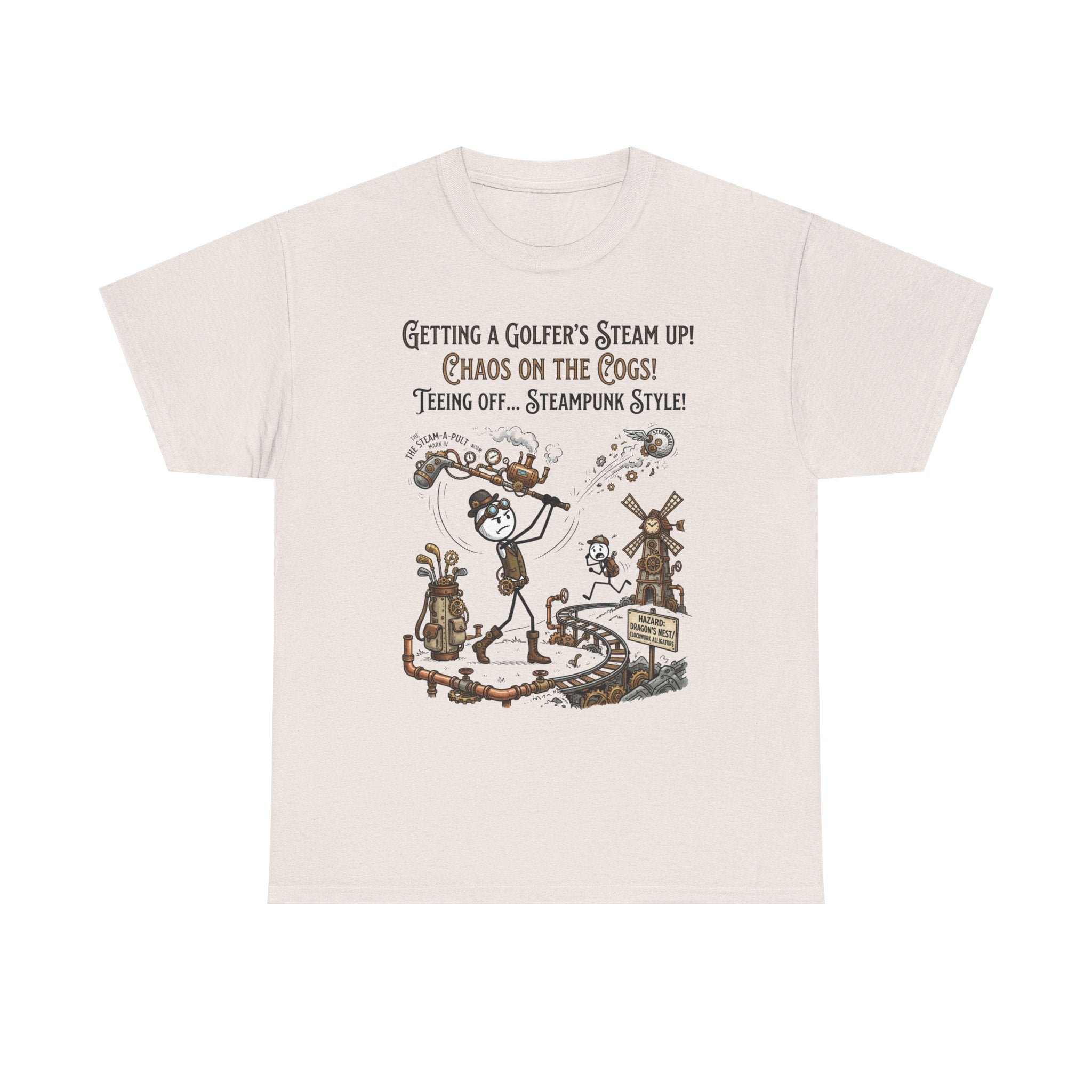 Steampunk Golf T-Shirt - "Getting a Golfer's Steam Up! Chaos on the Cogs" Graphic Tee
