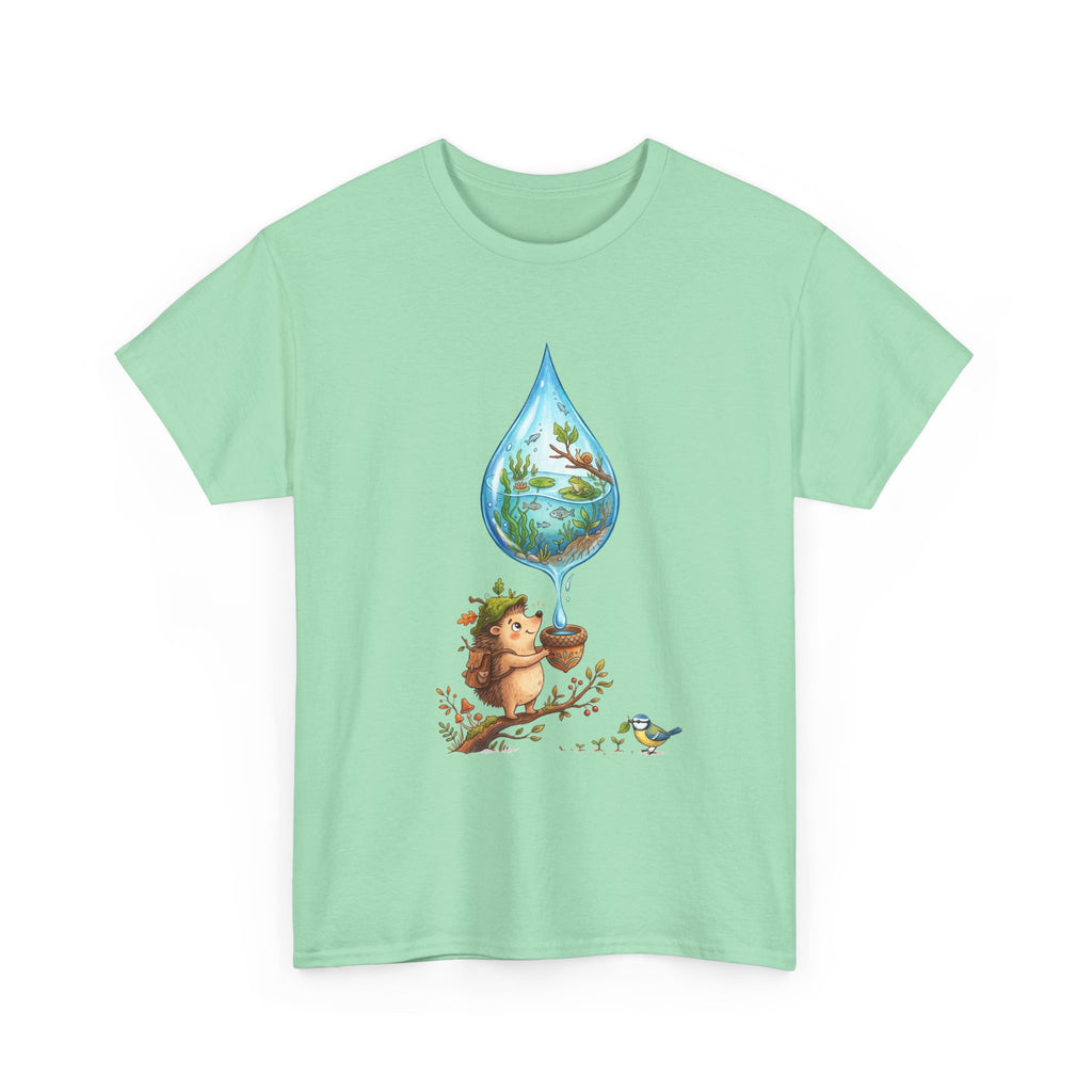 Eco Hedgehog Water Drop T‑Shirt — Wildlife Nature Illustration
